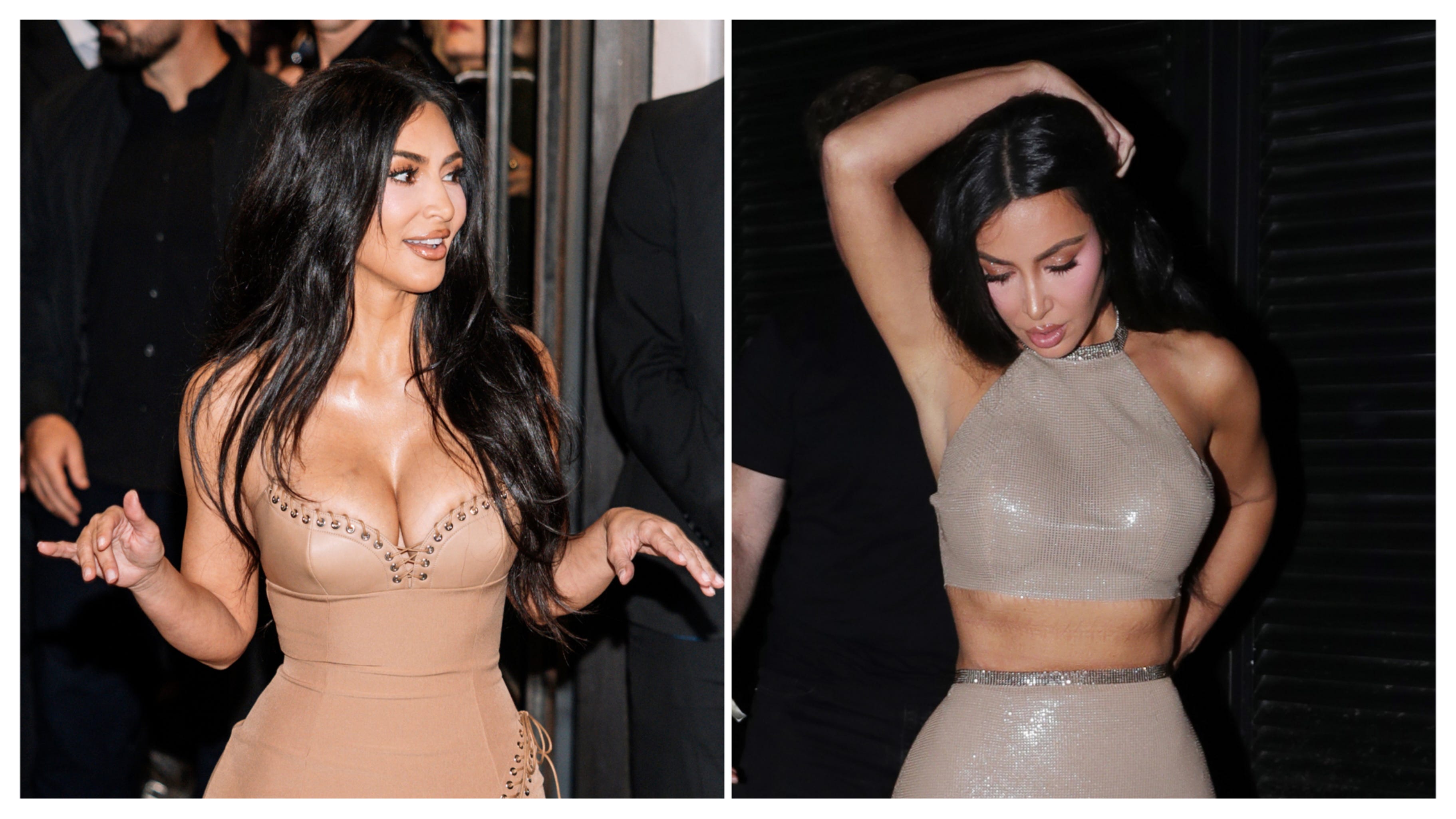 Kim Kardashian posing in a custom leather gown at a Skims launch event.