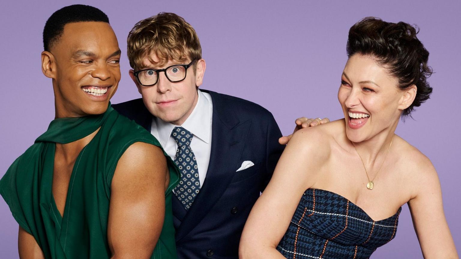 Emma Willis, Johannes Radebe, and Josh Widdicombe smile while speaking about their new TV hosting duties.