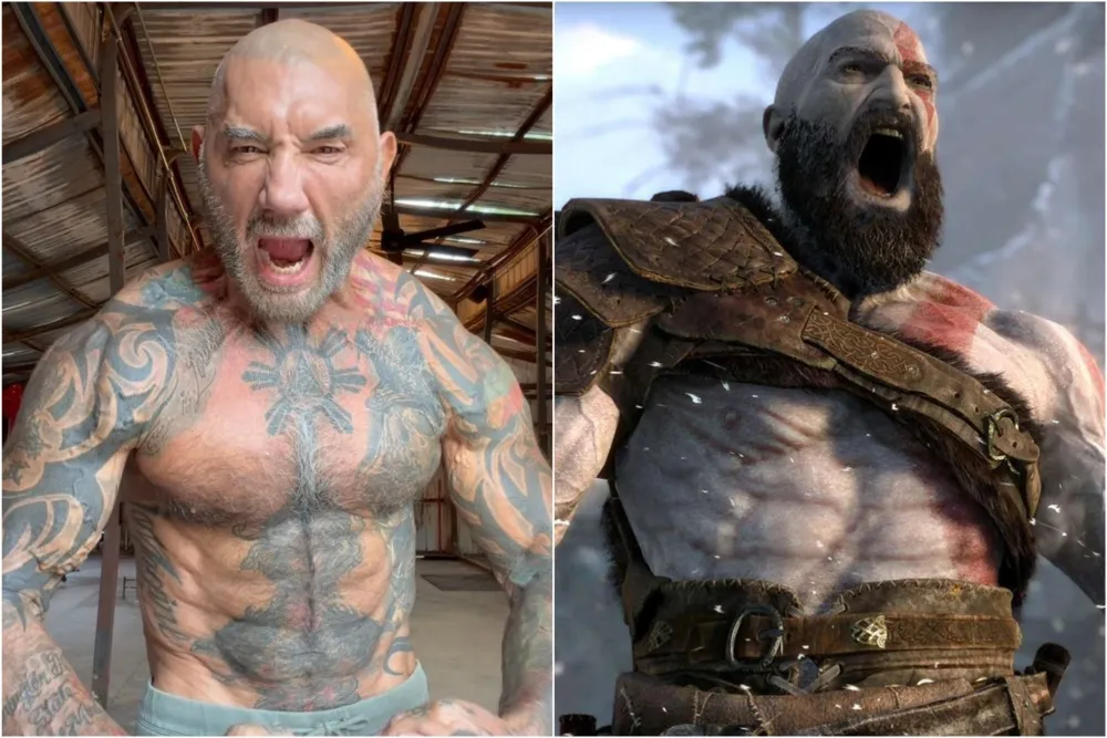 Dave Bautista flexing during a weight training workout for his role in God of War