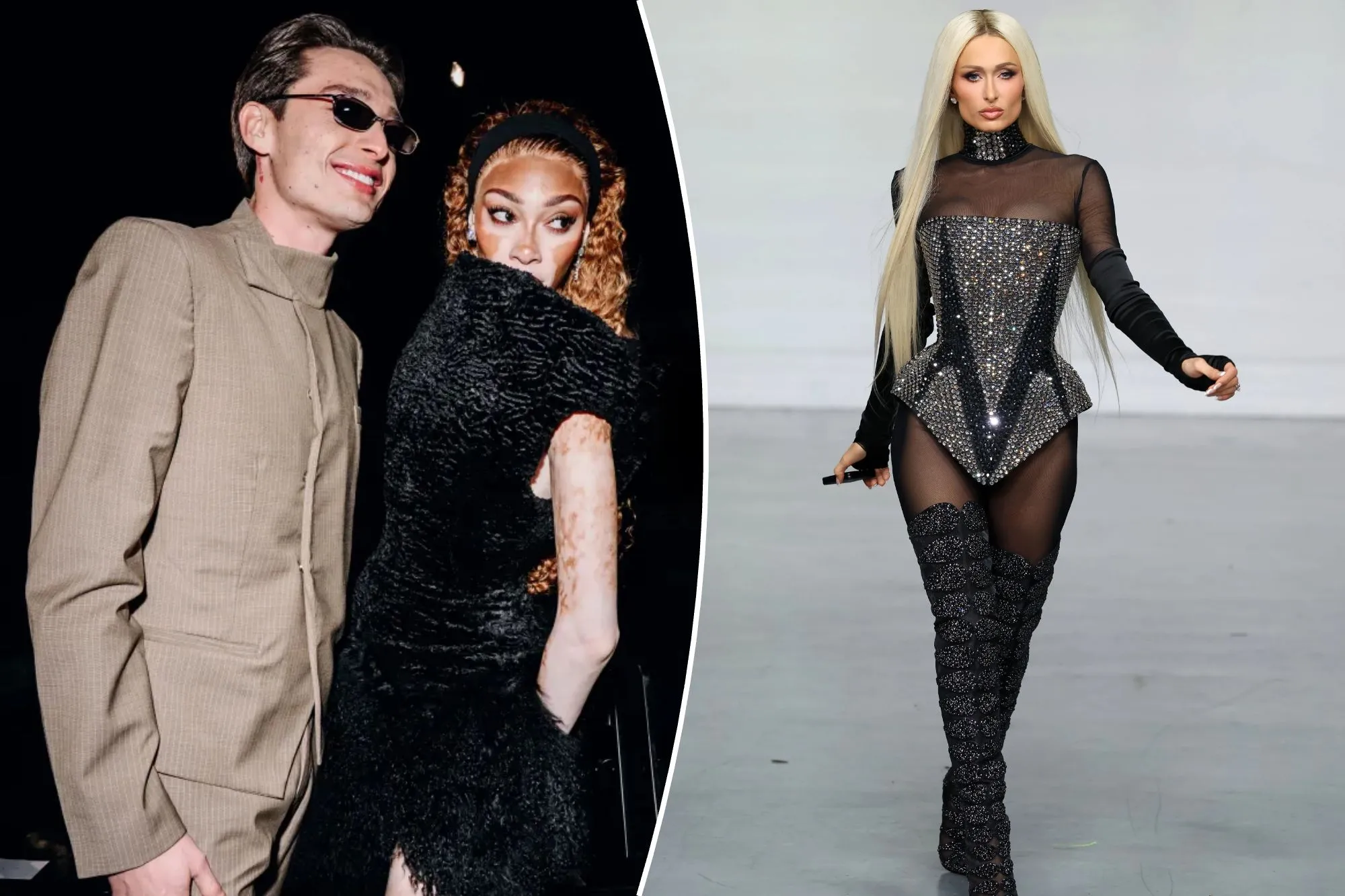 An image collage containing 2 images, Image 1 shows Peso Pluma and Winnie Harlow at the Luar fashion show, Image 2 shows Paris Hilton walking the runway in a black sequined bodysuit and thigh-high boots