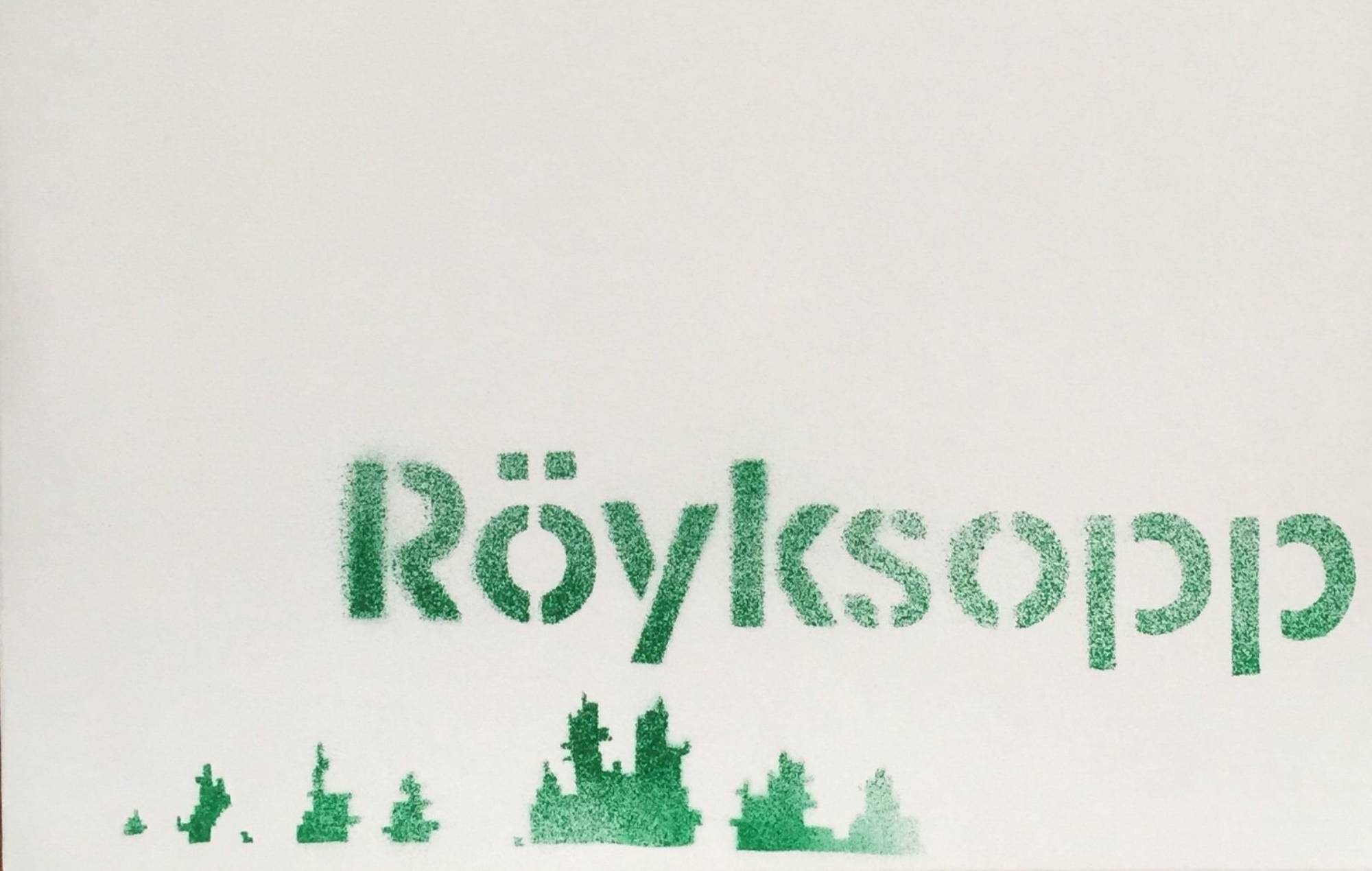 A green spray-painted stencil artwork by Banksy on a Röyksopp vinyl record sleeve