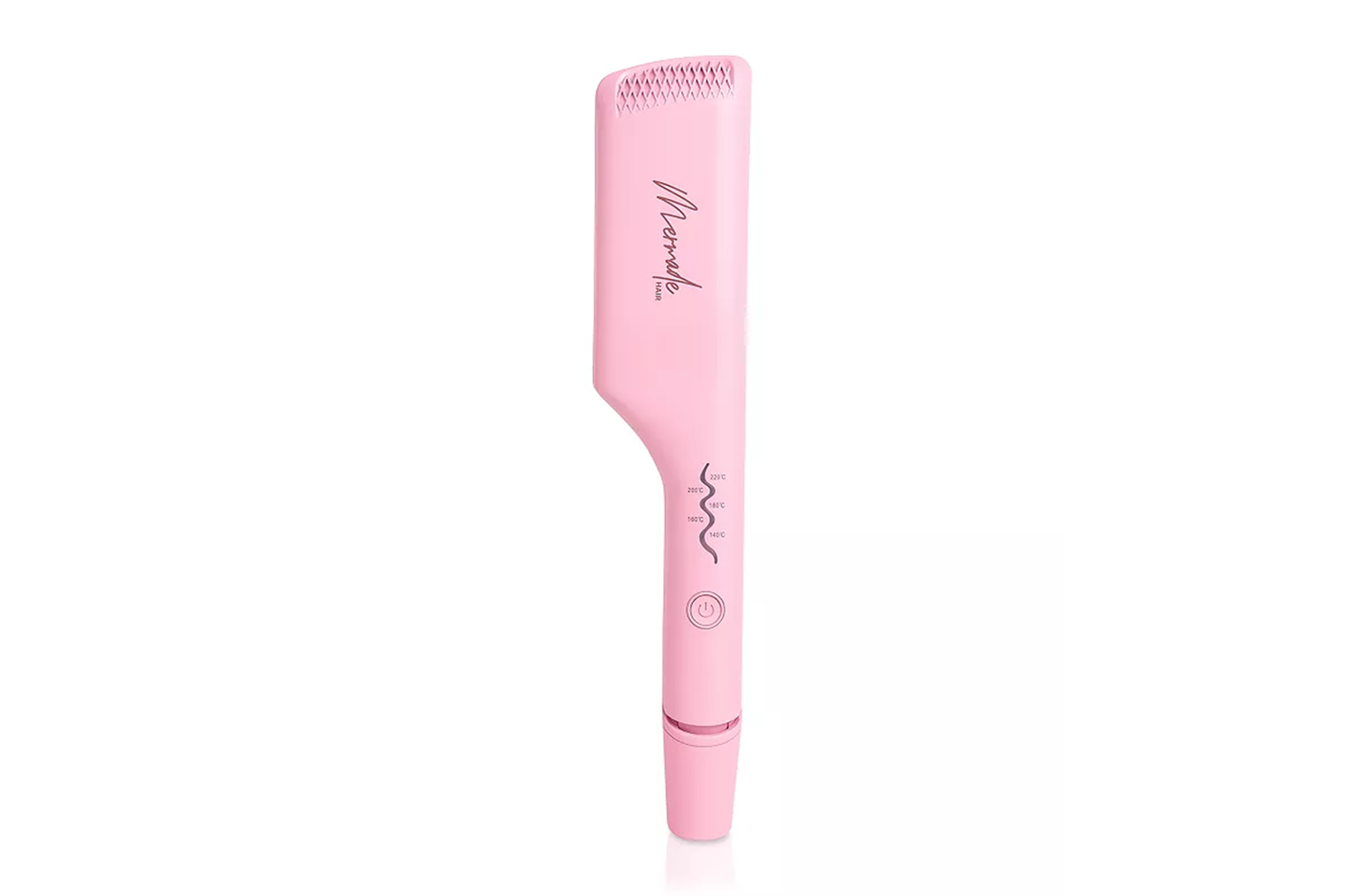 A pink Mermade Hair styling tool with temperature settings from 140°C to 220°C and a power button.