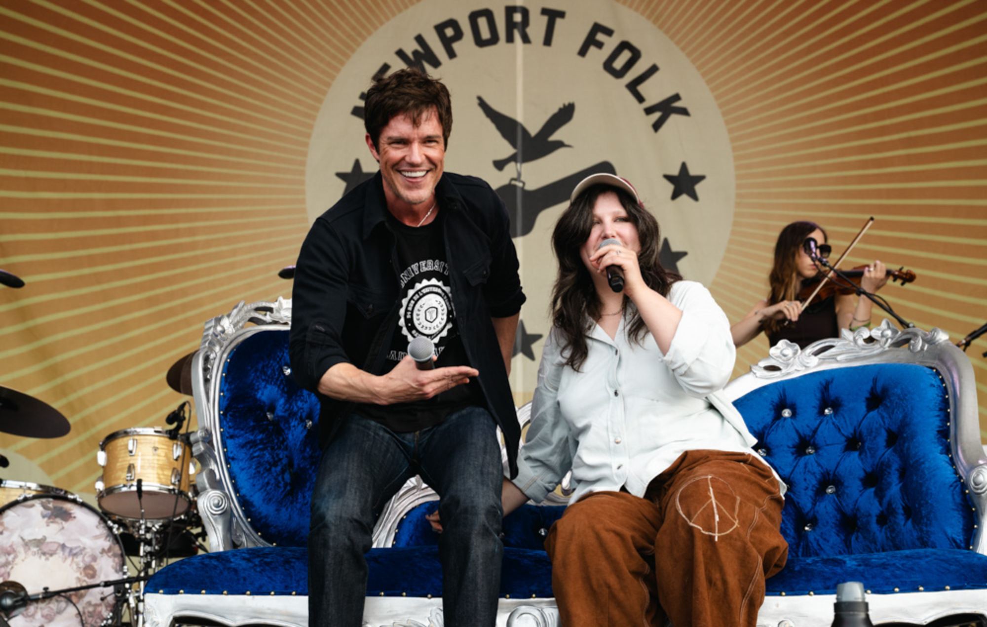 Brandon Flowers performs with Lucy Dacus at Newport Folk Festival.