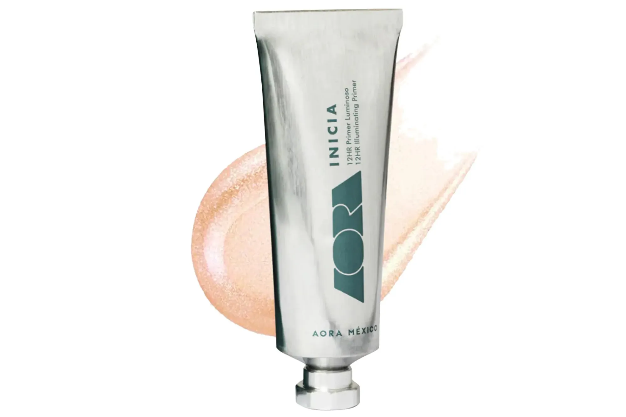 AORA México INICIA 12HR Illuminating Primer tube with a swatch of the product.