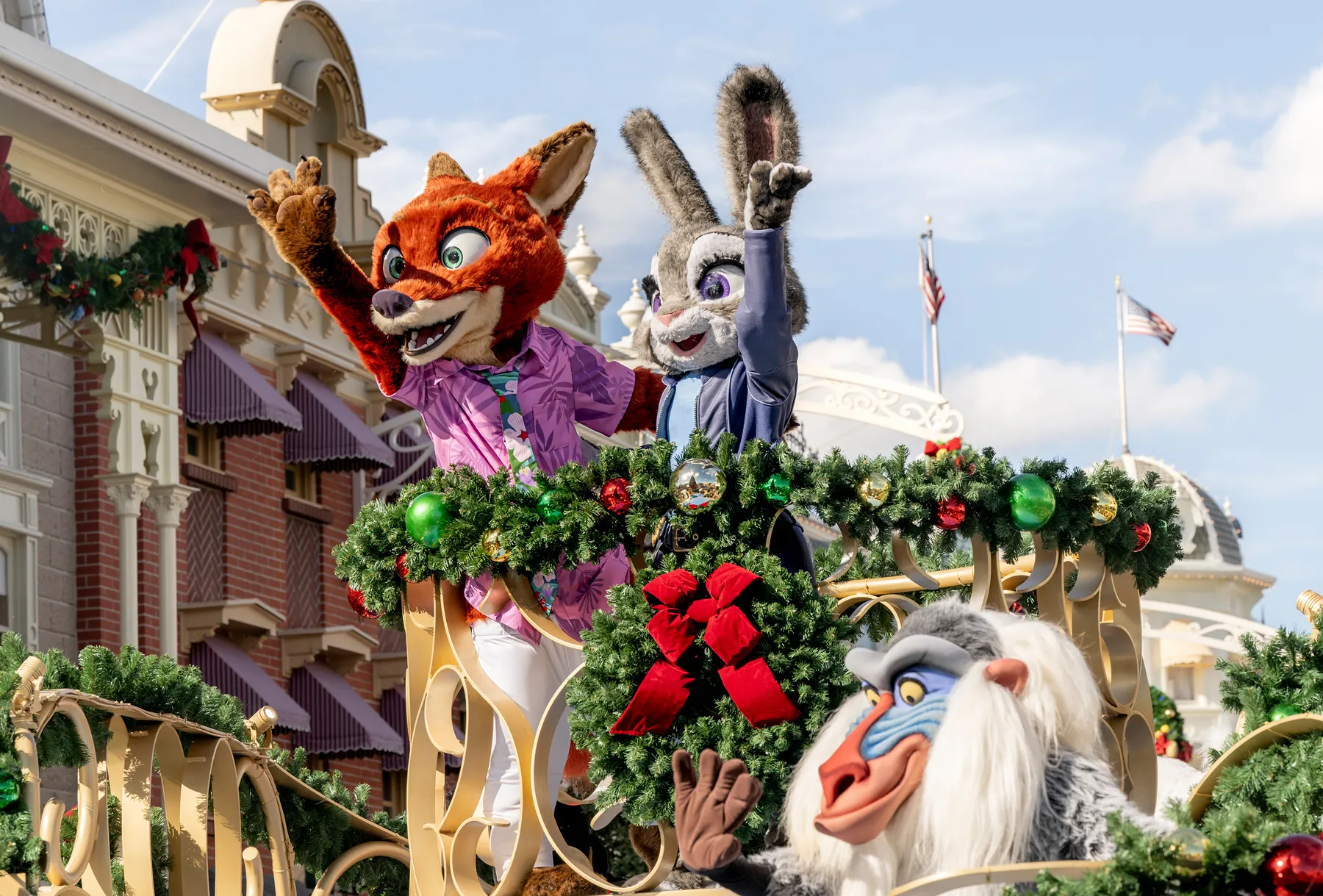 Nick Wilde from Zootopia greets fans during the Magic Kingdom parade.