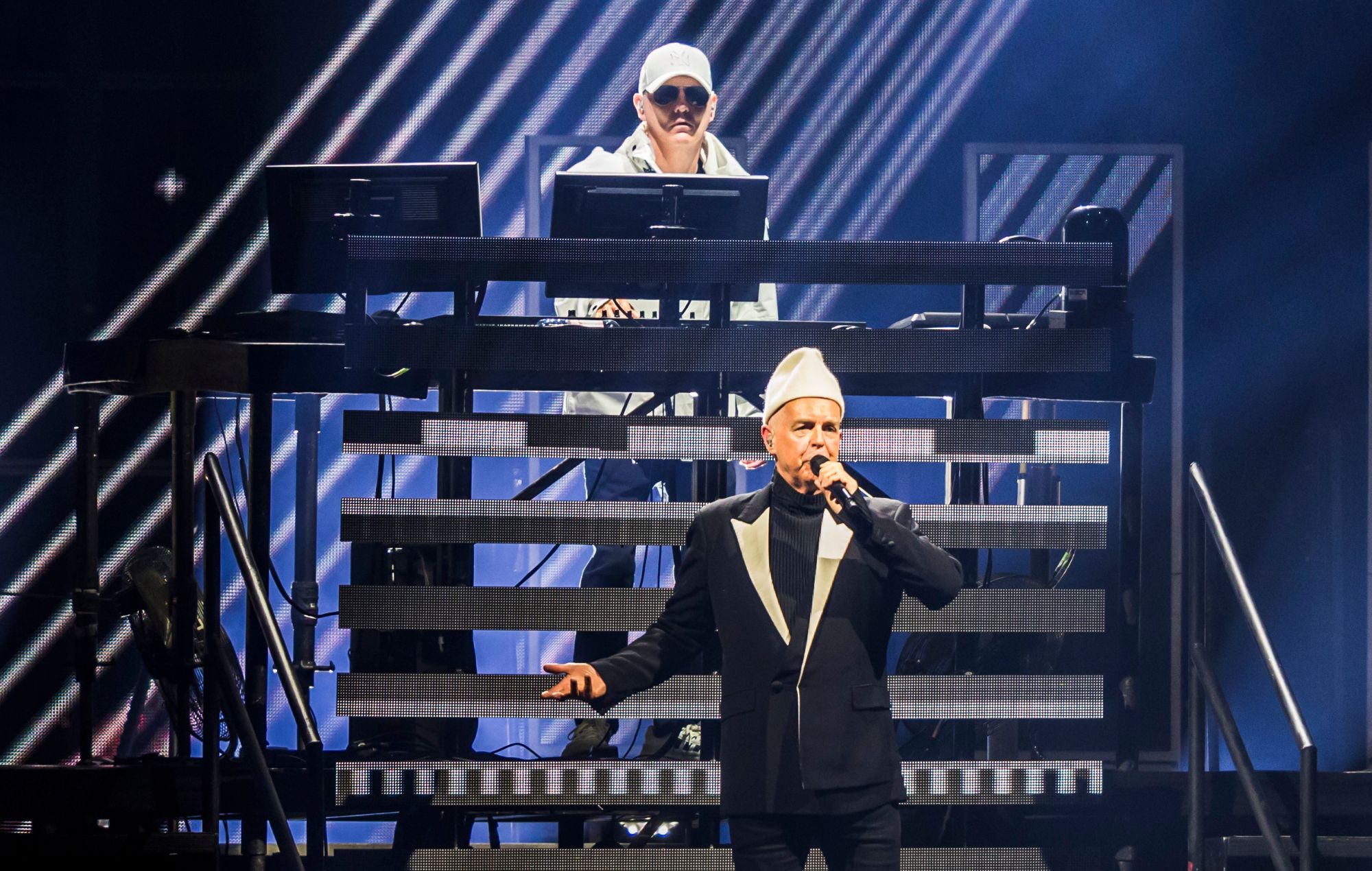 Pet Shop Boys synth-pop duo members standing together
