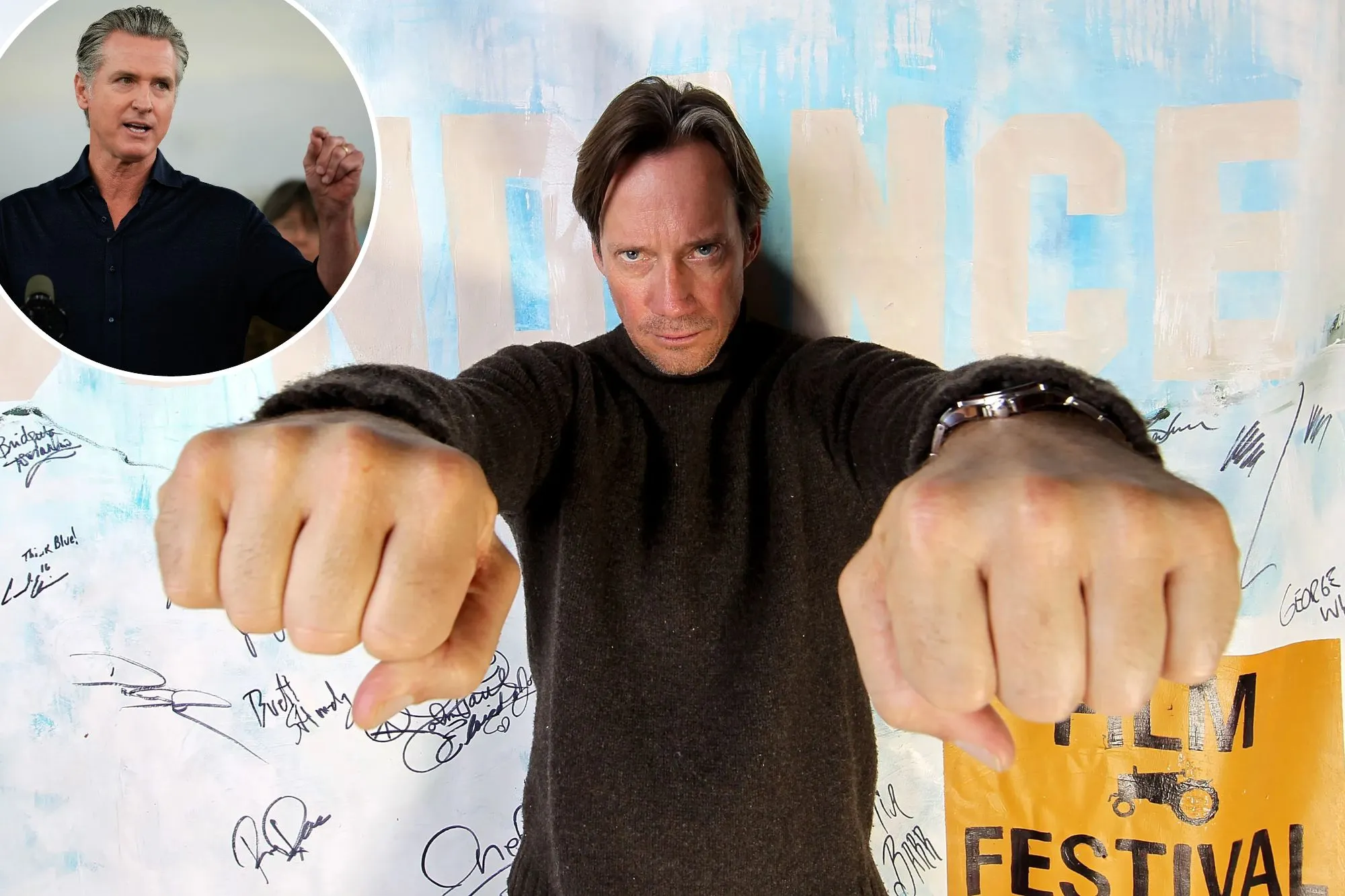 An image collage containing 2 images, Image 1 shows Kevin Sorbo making thumbs-down gestures at the 2011 Sundance Film Festival, Image 2 shows Governor Gavin Newsom speaking at an event about clean energy and electric veh