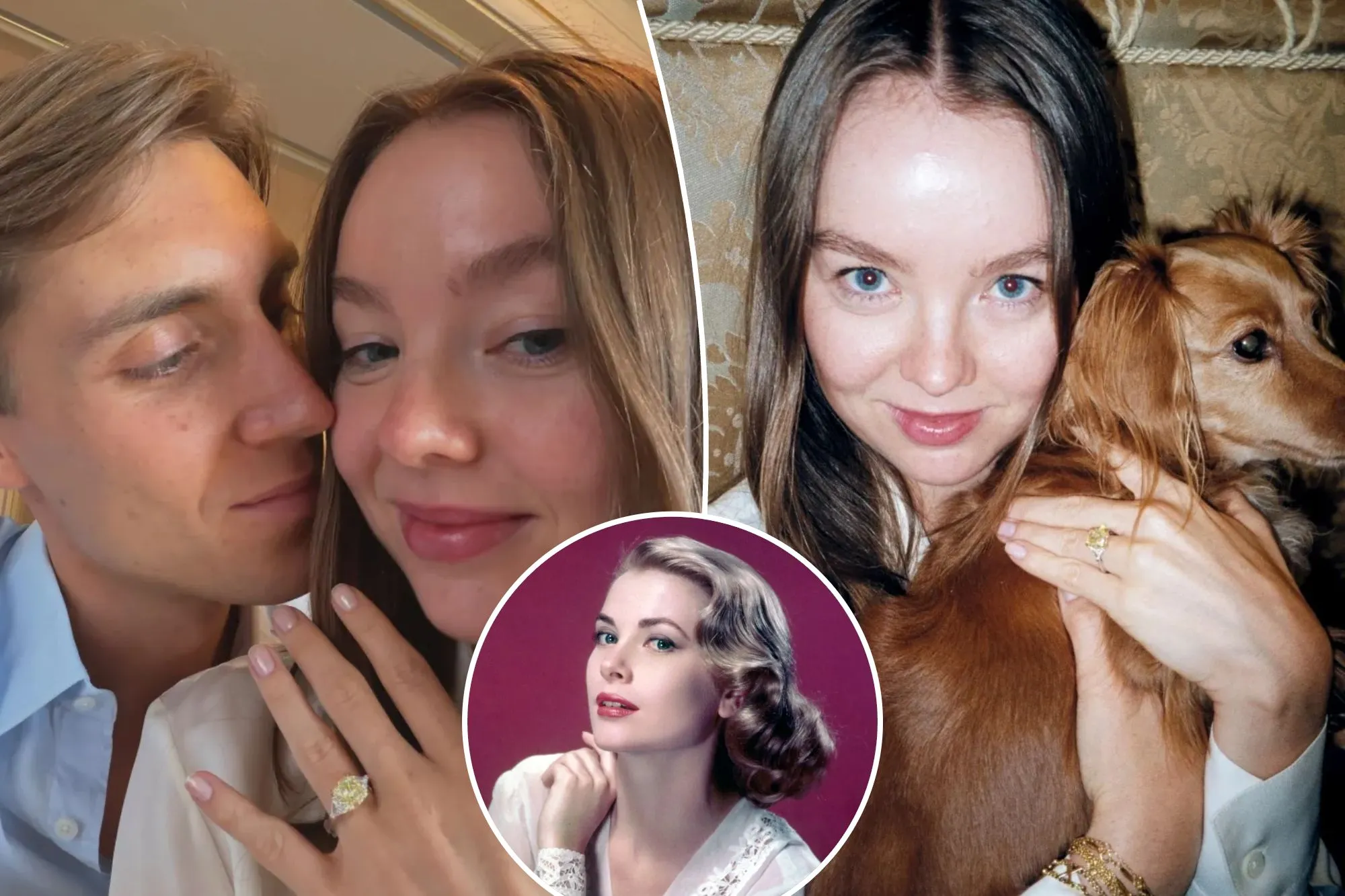 An image collage containing 3 images, Image 1 shows A man with light brown hair next to a woman with a yellow diamond engagement ring on her left ring finger, Image 2 shows Princess Alexandra of Hanover holds a small bro
