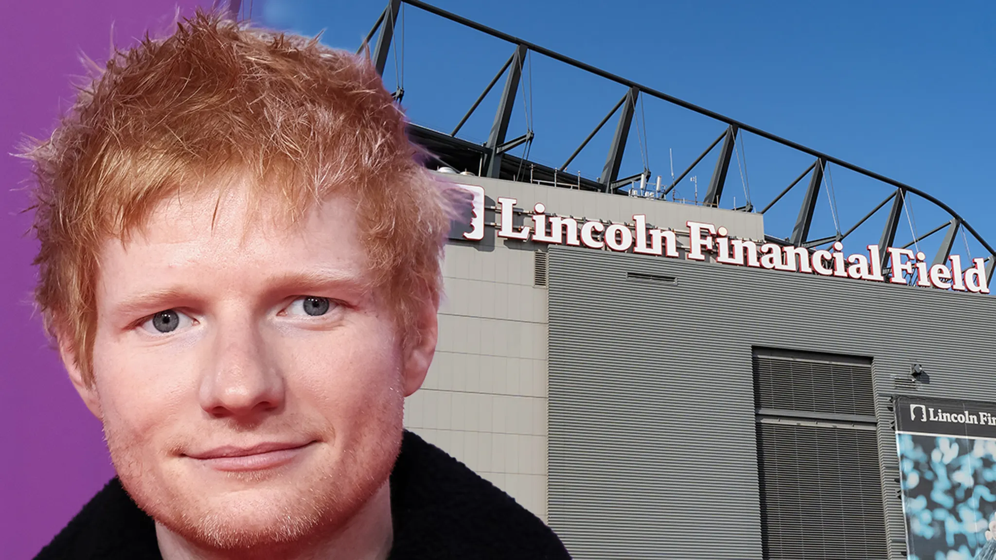 Ed Sheeran performing live on stage with an acoustic guitar under stadium spotlights.