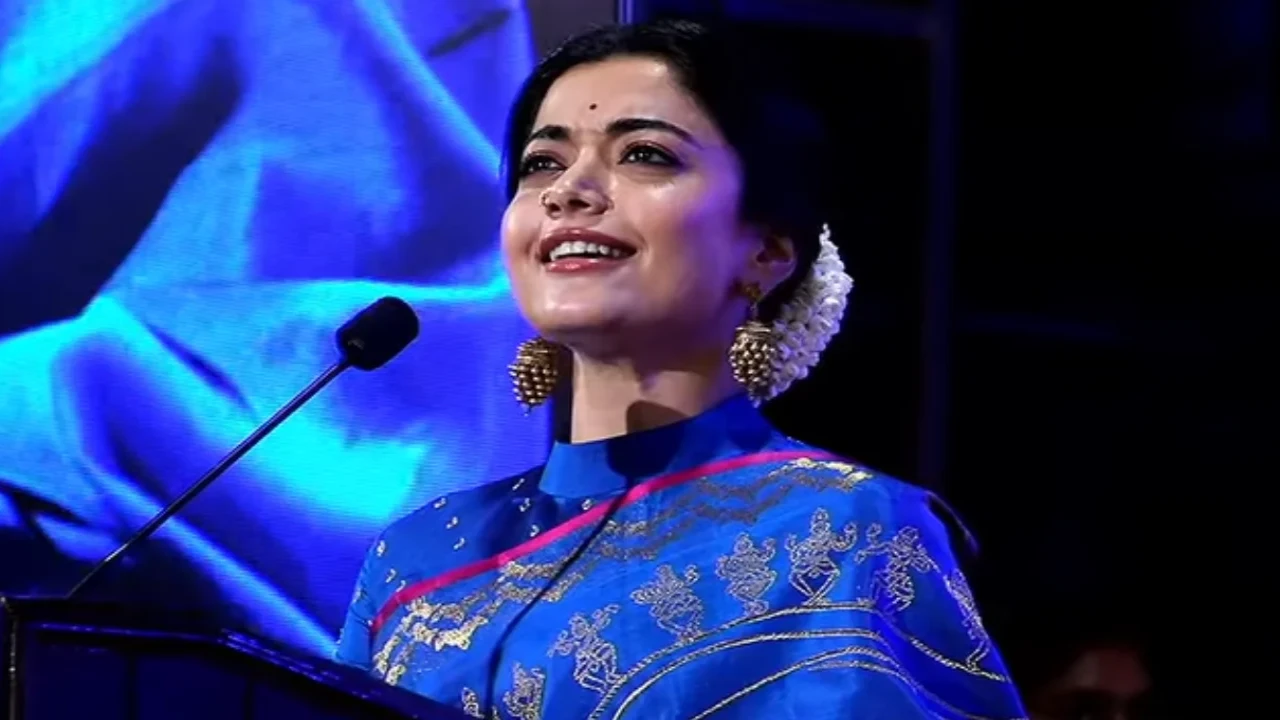 Rashmika Mandanna speaking at the launch event for the upcoming MS Subbulakshmi biopic