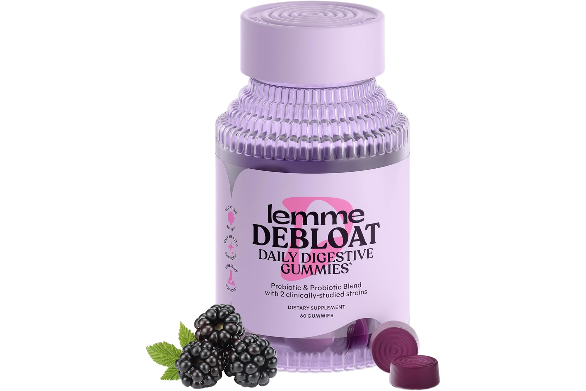A bottle of "lemme DEBLOAT DAILY DIGESTIVE GUMMIES" with blackberries and two purple gummies.