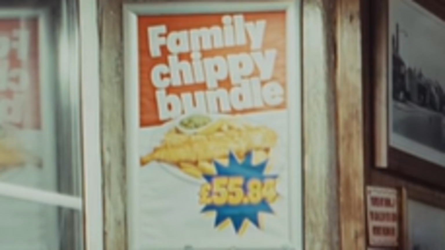 Poster saying Family chippy bundle £55.84 with a picture showing fish and chips