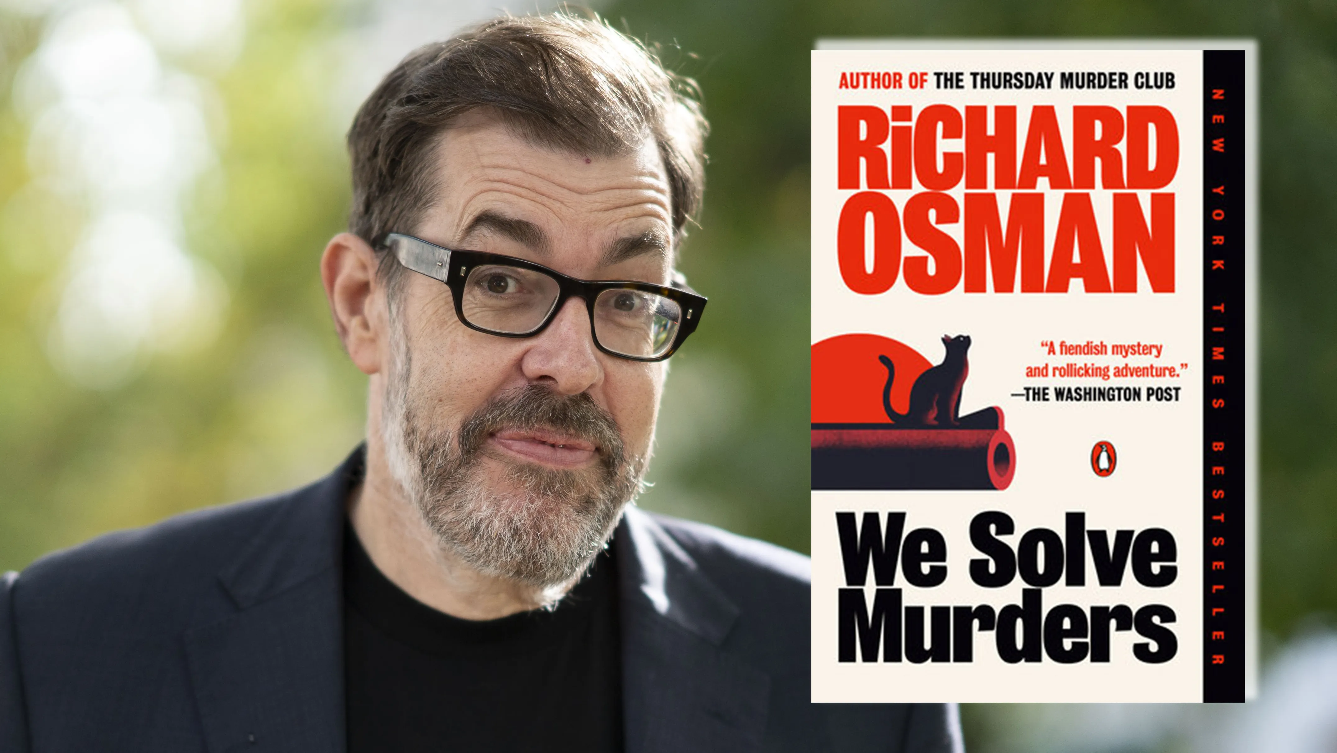 Richard Osman smiling at a media event for his mystery novels