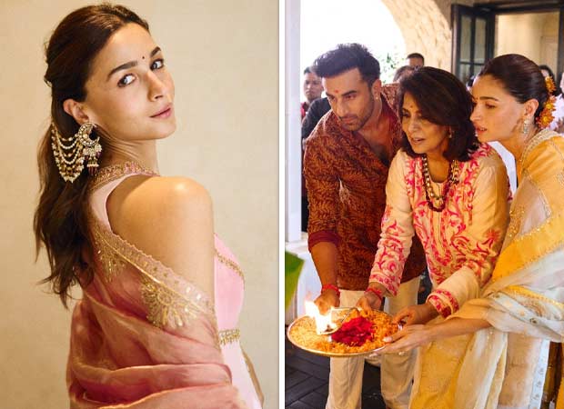 Alia Bhatt in a traditional yellow outfit alongside Ranbir Kapoor during holiday celebrations