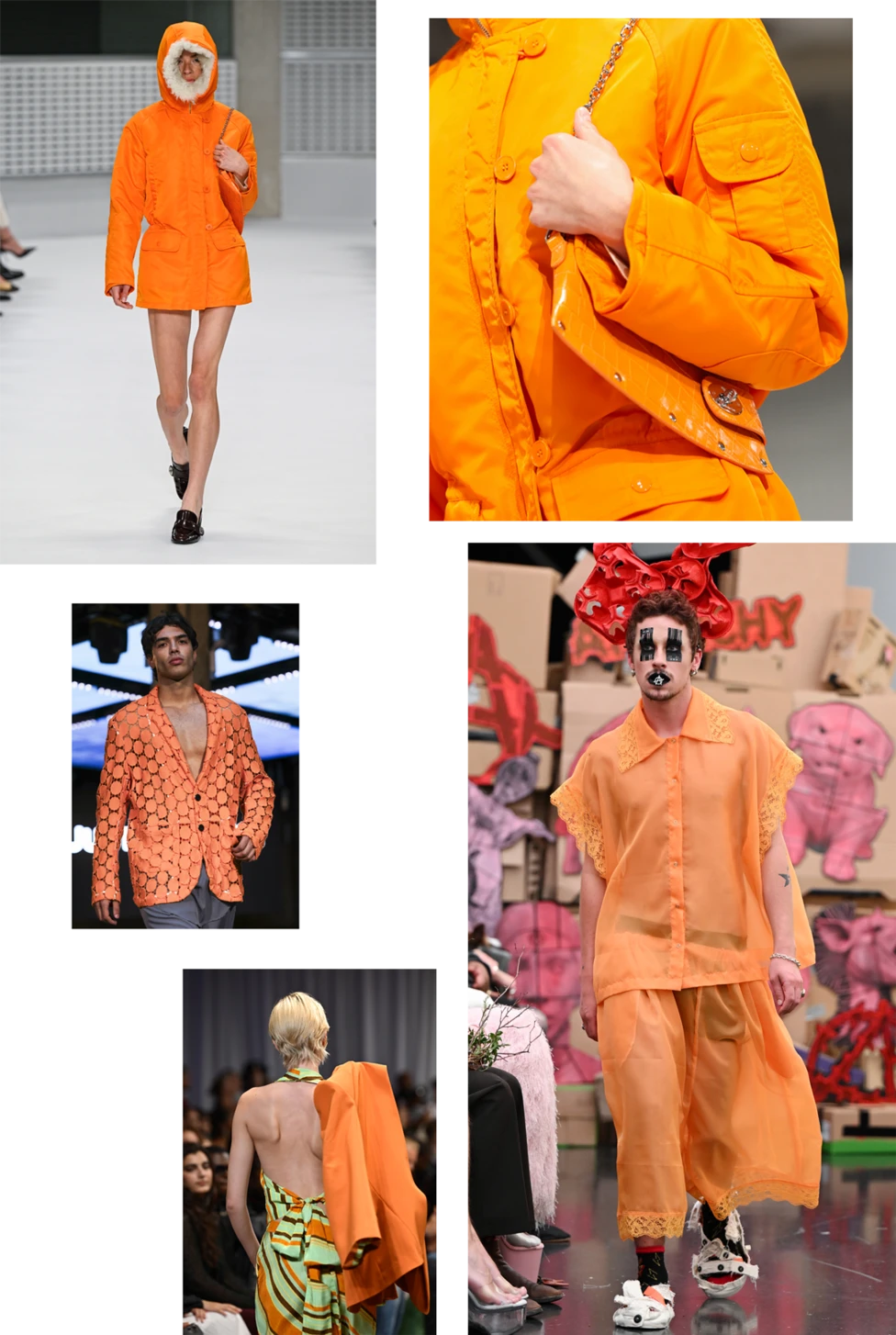 Composite of images during London Fashion Week September 2026. Models on the runway at the Mulberry, Justin Cassin, Enny Atelier Fashion Scout Ones-To-Watch and the Vin + Omi "Anarchy" shows.