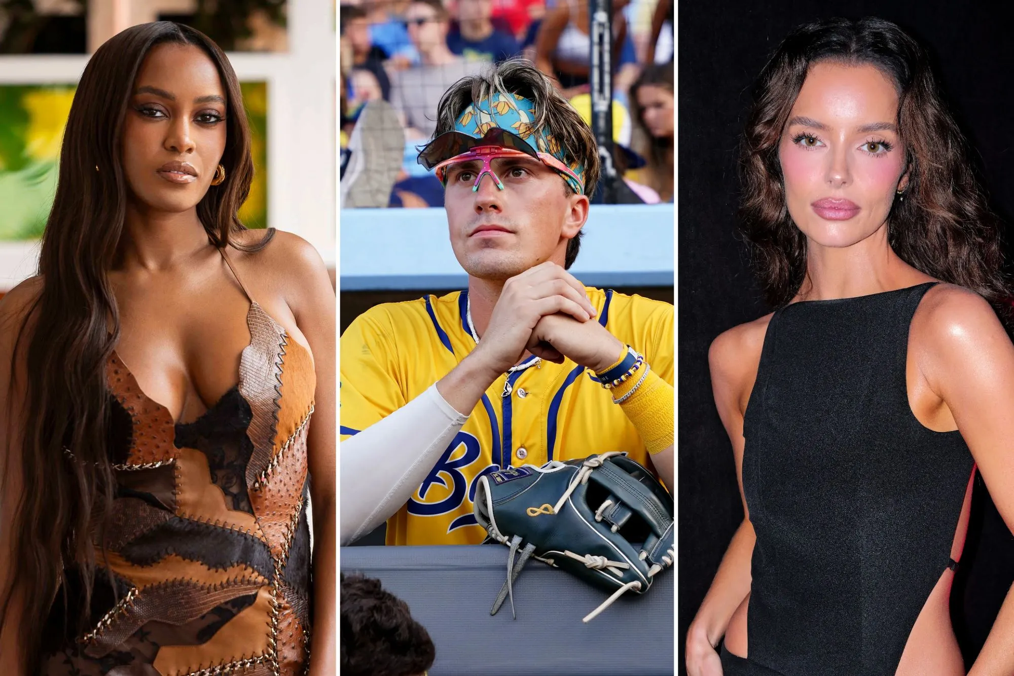 An image collage containing 3 images, Image 1 shows Ciara Miller on Love Island USA, Week 2, Image 2 shows A Savannah Bananas player in a yellow jersey, colorful headband, and sunglasses, looking intently over a dugout b
