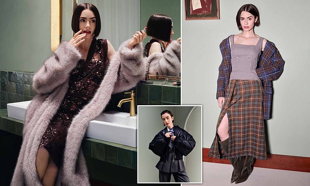 Lily Collins posing in a fashion campaign for Zalando