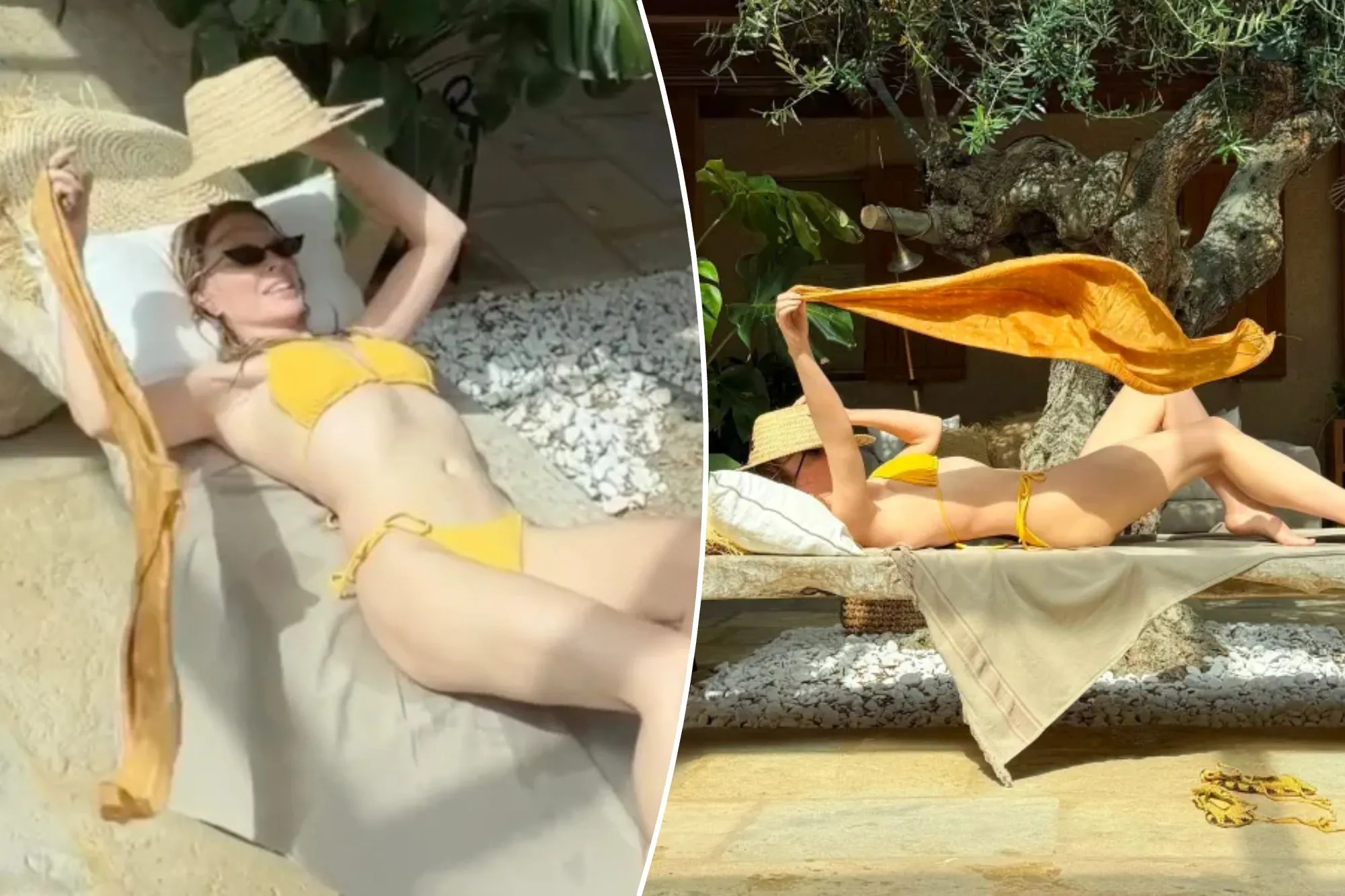 An image collage containing 2 images, Image 1 shows Kylie Minogue in a yellow string bikini lying on a lounge chair, holding a straw hat over her head, Image 2 shows Kylie Minogue in a yellow bikini and straw hat sunbath