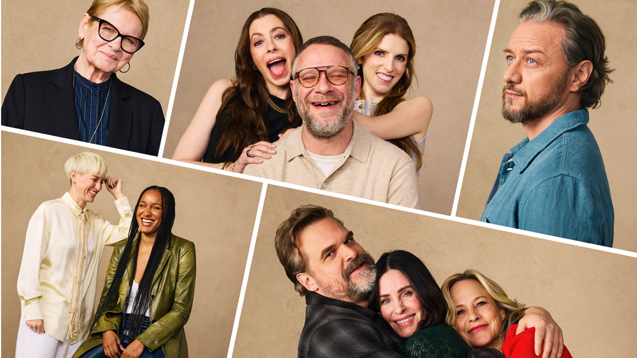 Courteney Cox and Michelle Yeoh posing at the Toronto International Film Festival portrait studio
