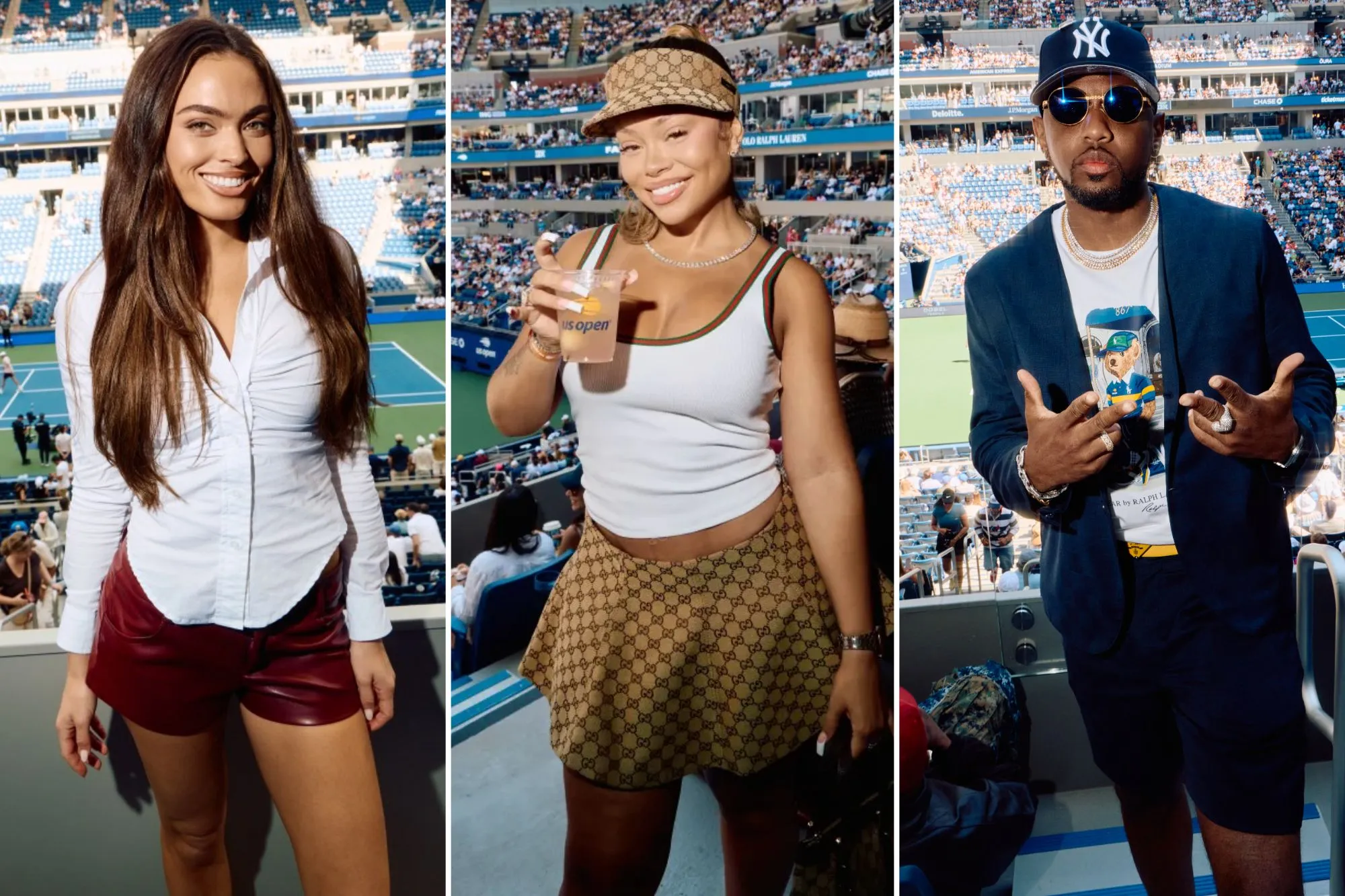 An image collage containing 3 images, Image 1 shows A woman in a white shirt and red shorts smiles at the camera from a box seat overlooking a tennis court, Image 2 shows A woman wearing a white tank top, a patterned Guc