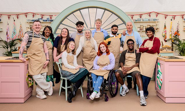 The Great British Bake Off tent with baking stations set up for the new cast