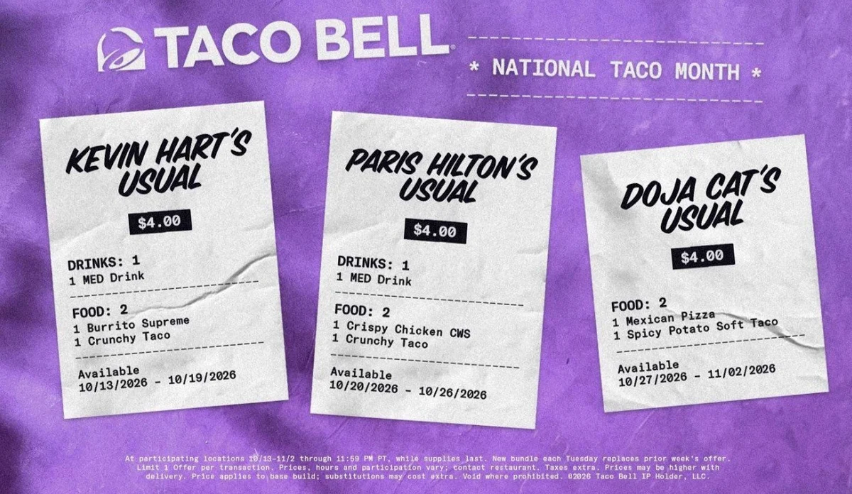 Taco Bell and Kevin Hart in the story: Taco Bell Drops $4 Celebrity Meals Featuring Paris Hilton, Doja Cat & Kevin Hart