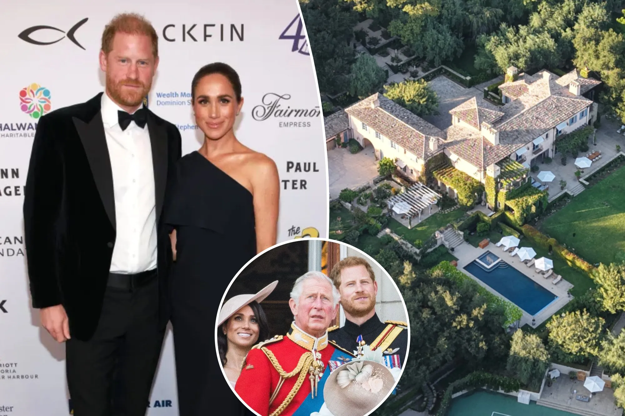 An image collage containing 3 images, Image 1 shows Prince Harry, in a black tuxedo, and Meghan, Duchess of Sussex, in a one-shoulder black gown, attend the David Foster Foundation 40th Anniversary Celebration, Image 2 s