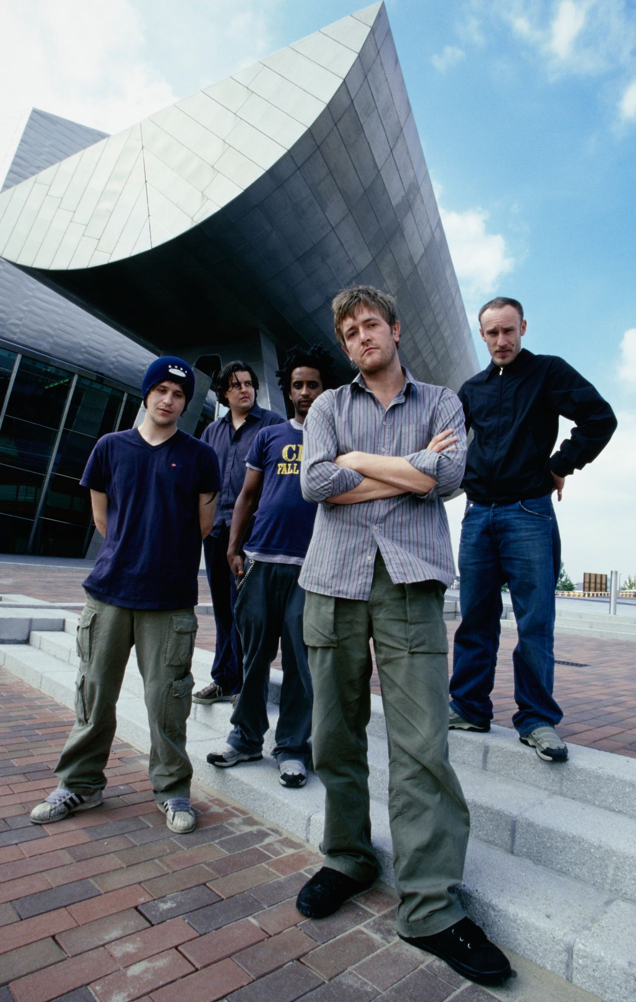 Elbow outside The Lowry arts centre at Salford Quays, in Salford, Greater Manchester, England, 2001.