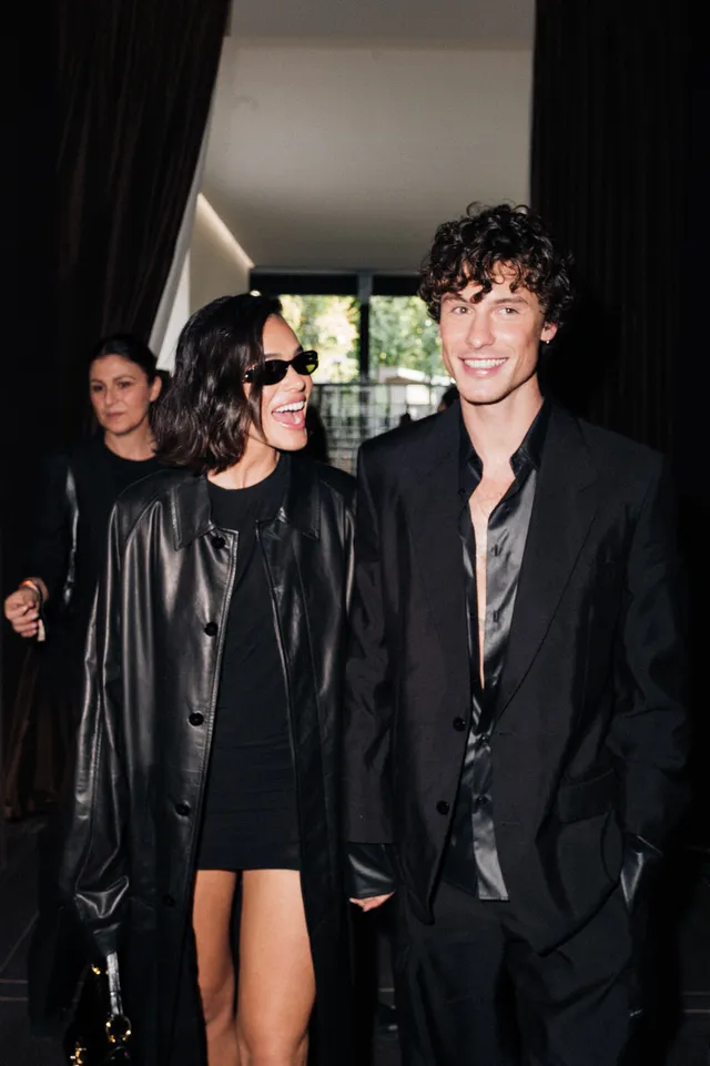 Image may contain Shawn Mendes Bruna Marquezine Susanne Alt Clothing Coat Jacket Blazer Formal Wear Suit and Adult