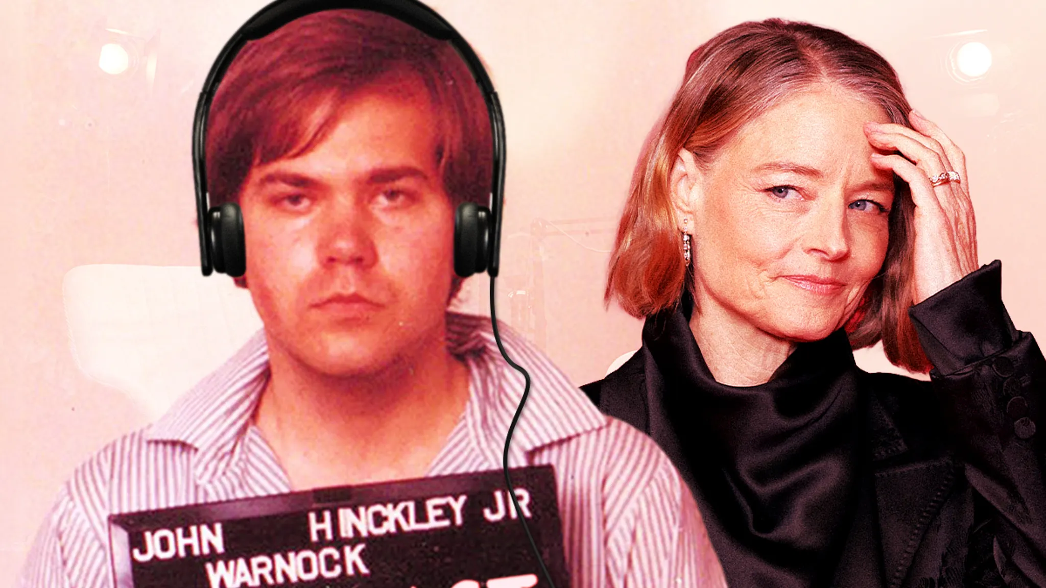 Jodie Foster on a red carpet alongside a portrait of John Hinckley Jr.