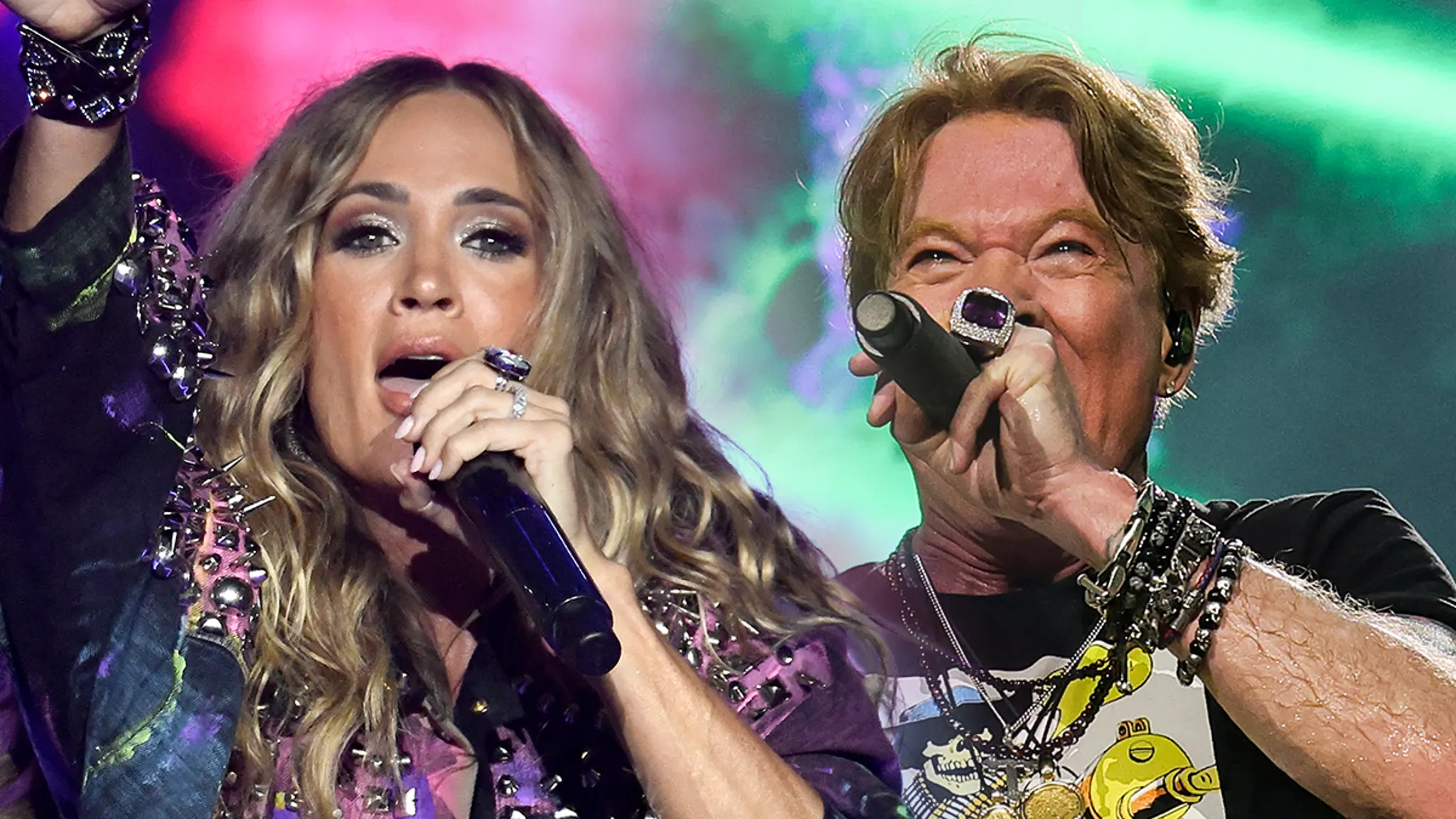 Carrie Underwood performing live on stage with Guns N' Roses lead singer Axl Rose