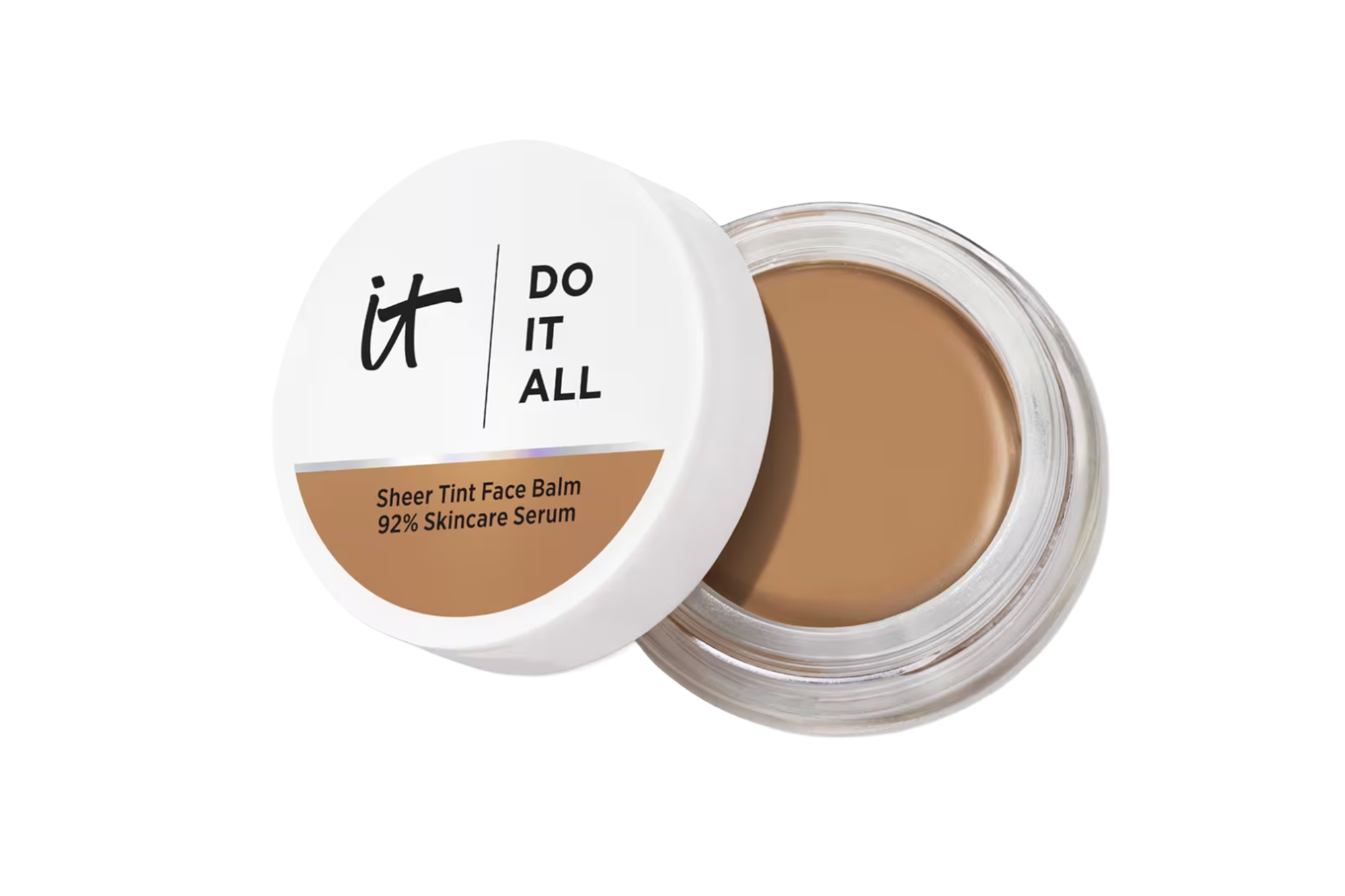 IT Cosmetics Do It All Sheer Tint Face Balm in a circular jar with a white lid and an open container showing the tan product.