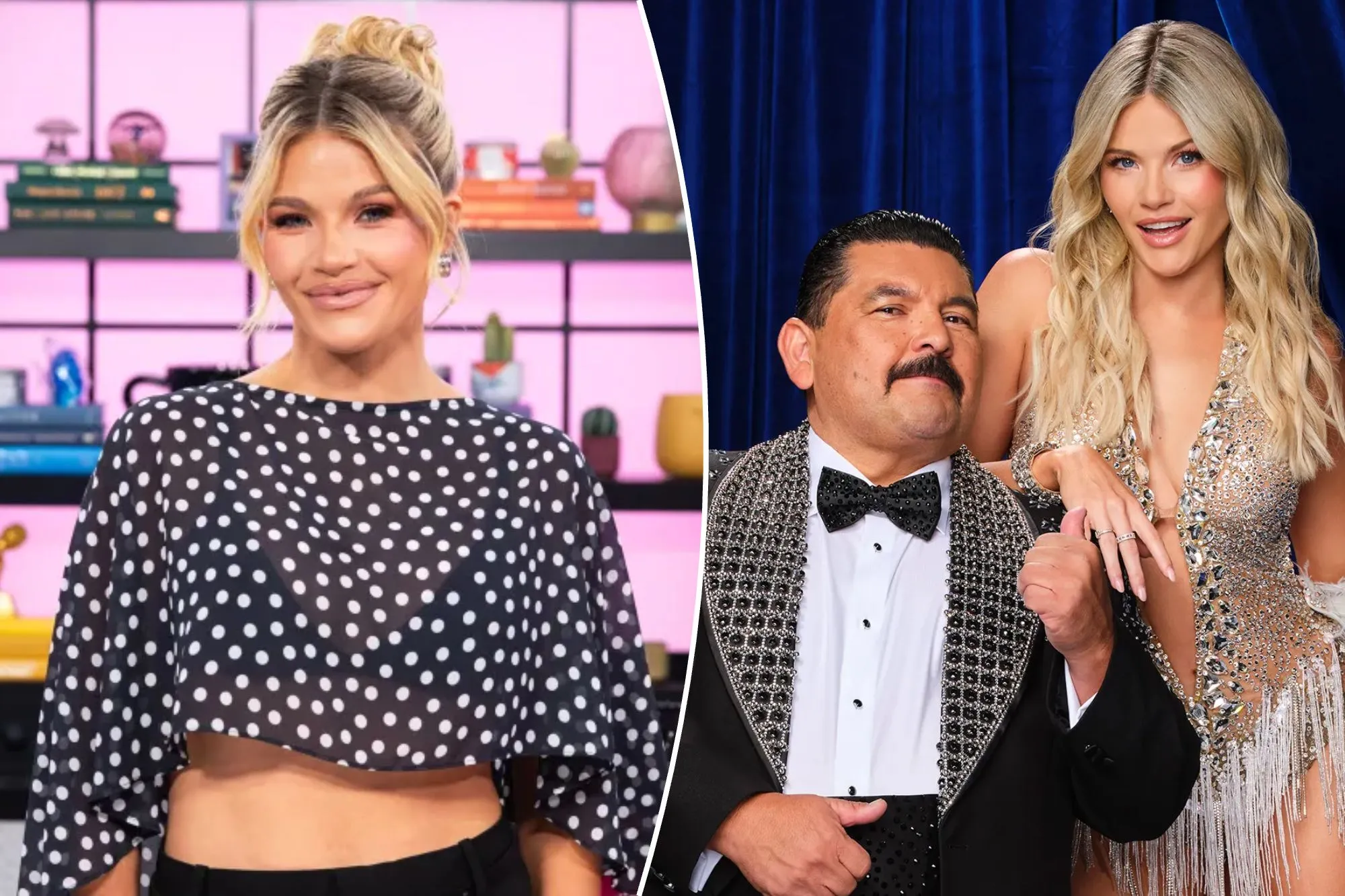 An image collage containing 2 images, Image 1 shows Witney Carson from Dancing with the Stars smiling in a black and white polka dot top, Image 2 shows Guillermo Rodriguez and Witney Carson posing for "Dancing with the S