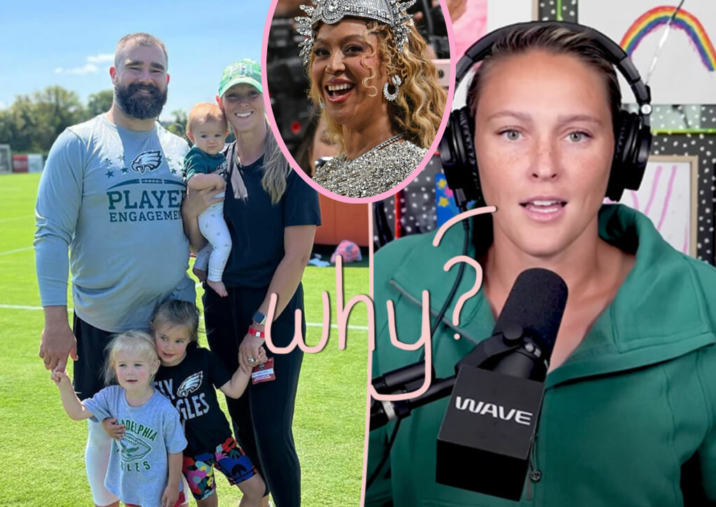 Kylie Kelce speaking into a podcast microphone
