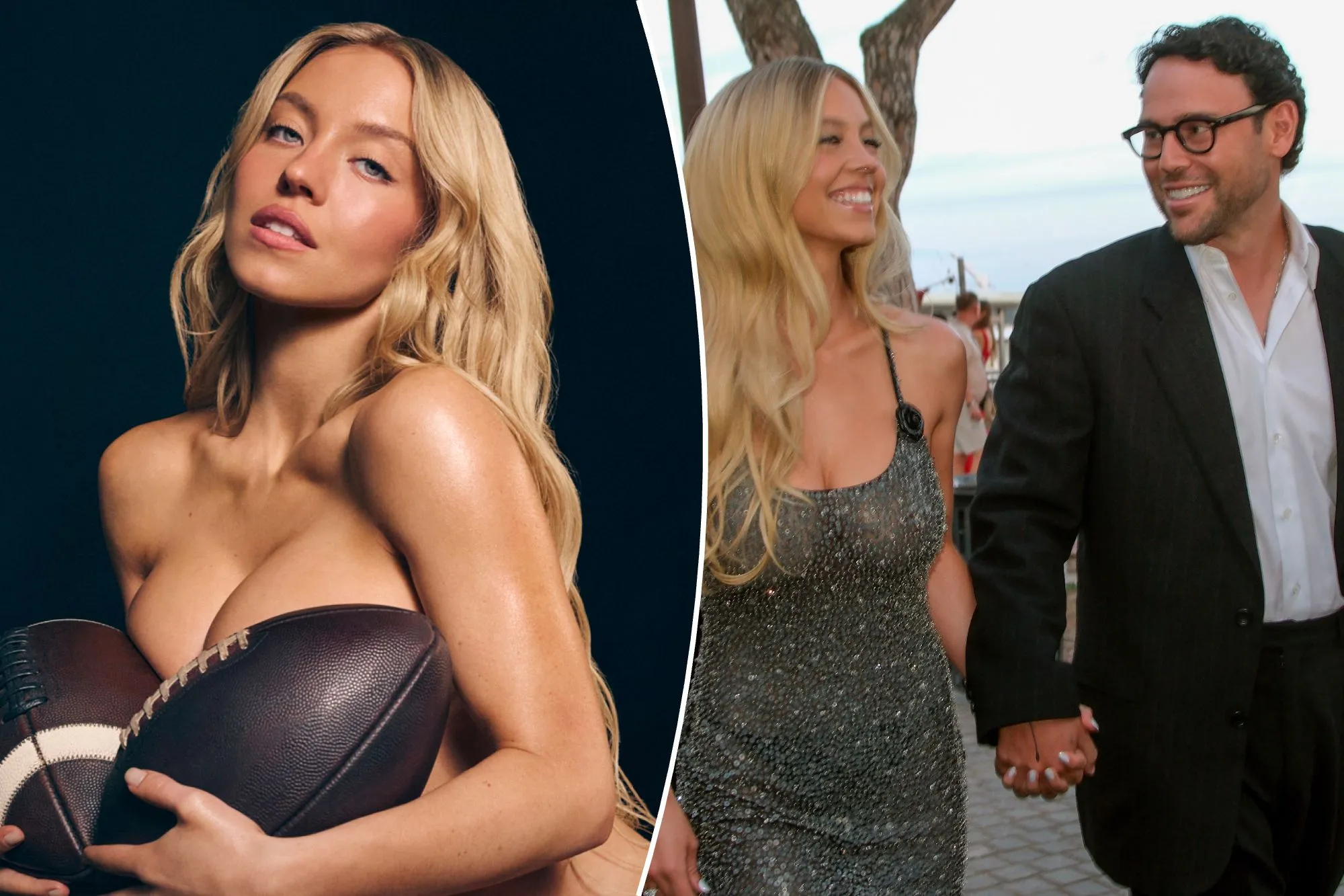 An image collage containing 2 images, Image 1 shows Sydney Sweeney holding two footballs, advertising Novig and "Just Sports", Image 2 shows Sydney Sweeney, in a sheer black gown, and Scooter Brown, in a black suit and