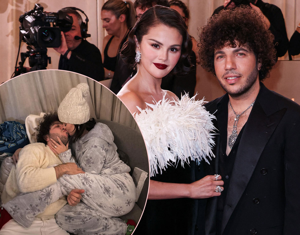 Selena Gomez and Benny Blanco pose together at an event