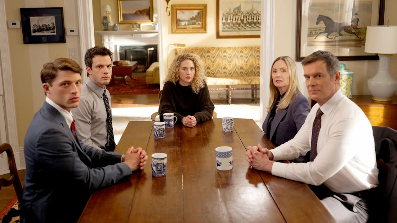 Taylor Bloom, Tommy O’Brien, Kat Cunning, Hope Davis and Peter Krause in “Line of Fire.” (Spencer Pazer/NBC)
