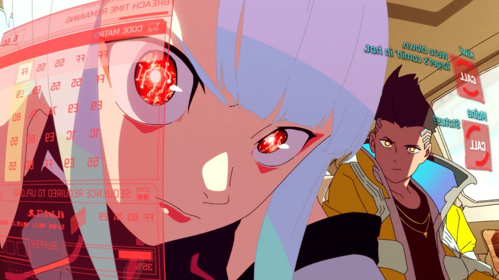 A still from Cyberpunk: Edgerunners shows a female character with bright white hair styled in a bob inside a vehicle. She's leaning in closely to a holographic screen. Her eyes have red pupils filled with glowing ci