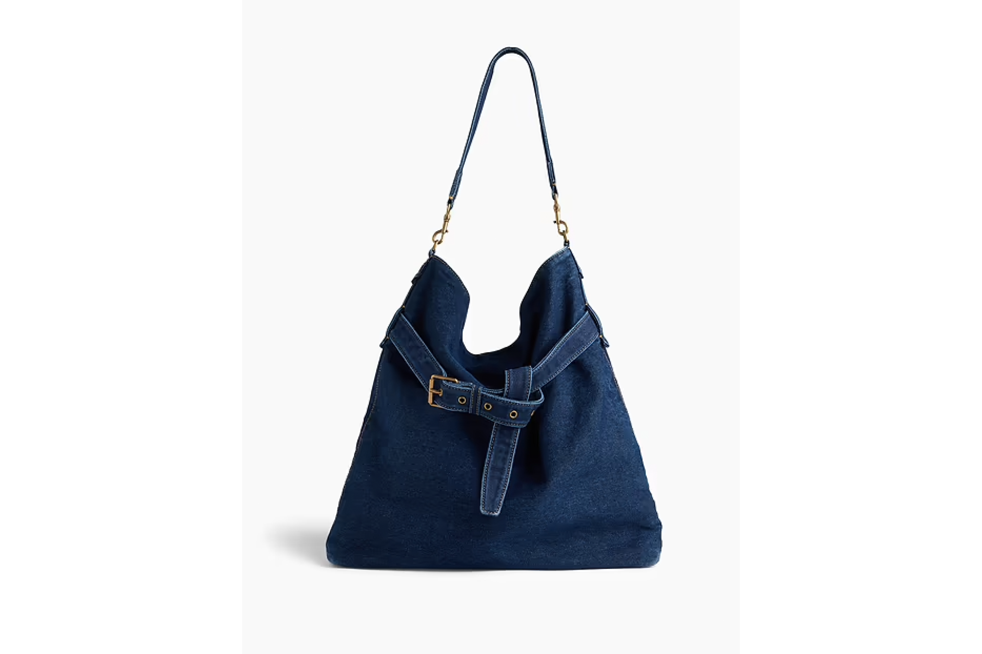 Denim hobo bag with a buckled strap detail.