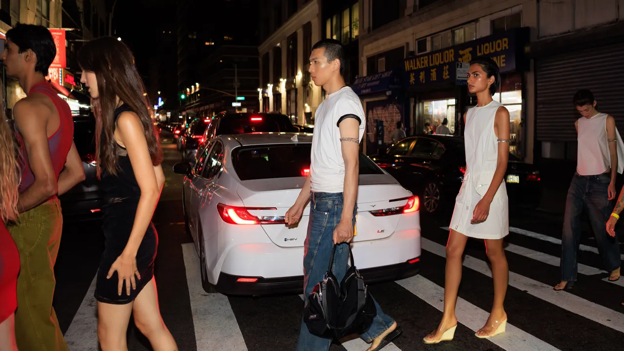 A dramatic runway scene during New York Fashion Week Spring 2027.