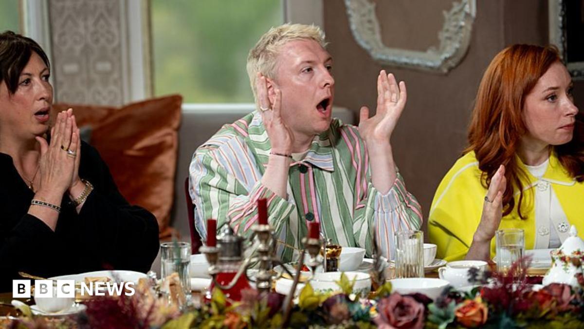 Miranda Hart, Joe Lycett and Hannah Fry at the breakfast table on Celebrity Traitors on Friday