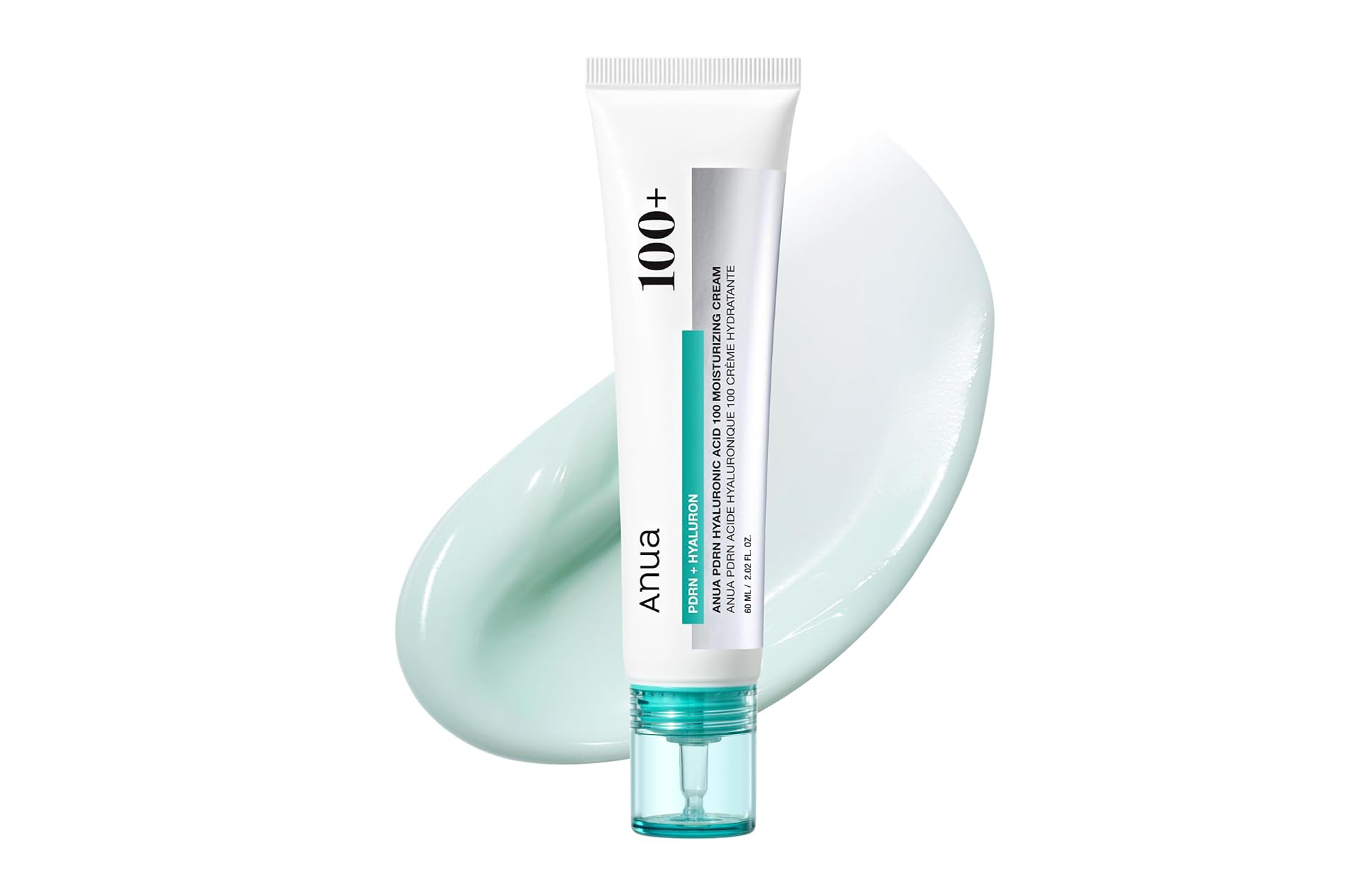 Anua PDRN + Hyaluron 100+ Moisturizing Cream tube on a swipe of cream.