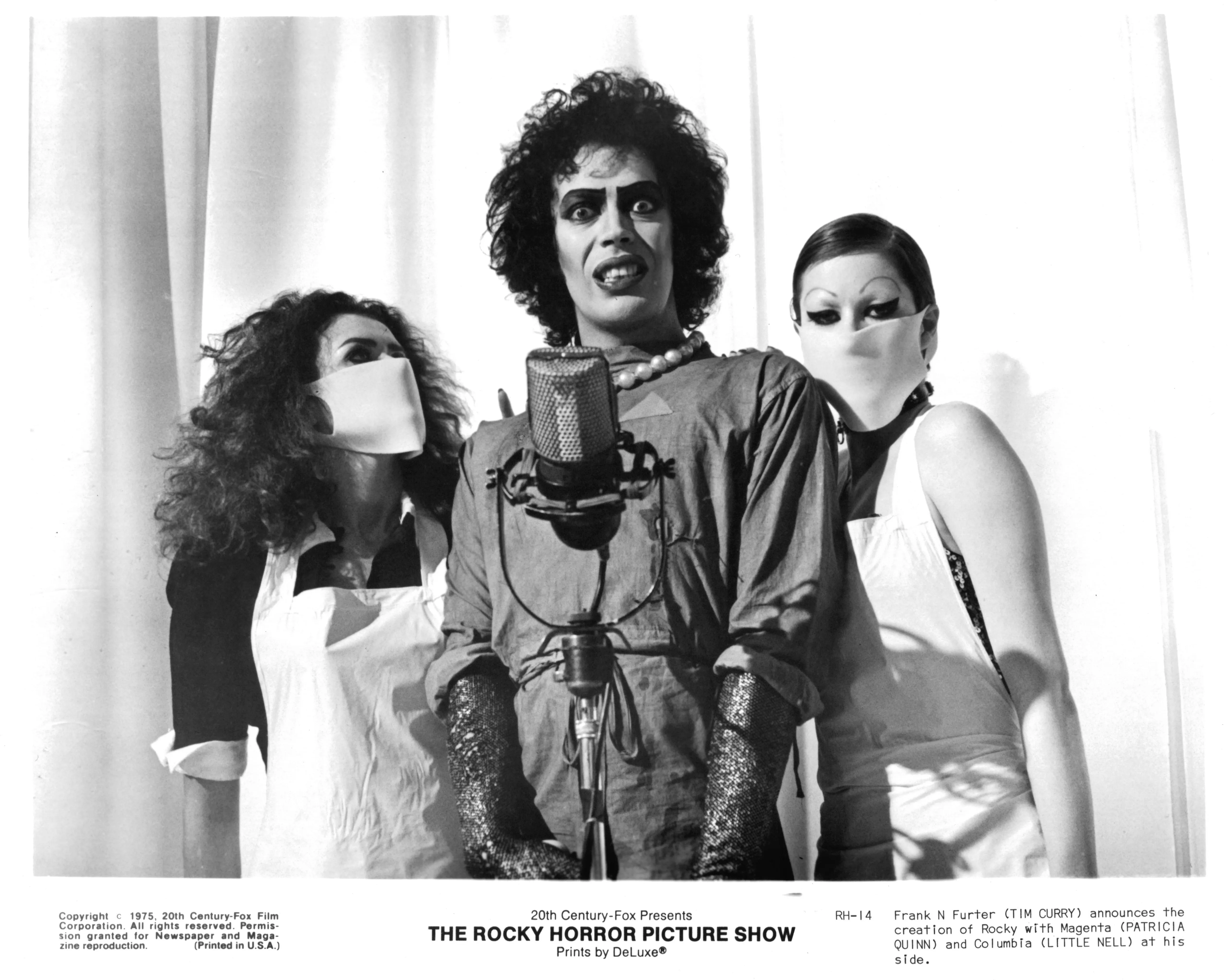 Actress Patricia Quinn,actor Tim Curry, and actress Little Nell on set of the Cinemax movie "The Rocky Horror Picture Show" in 1975.