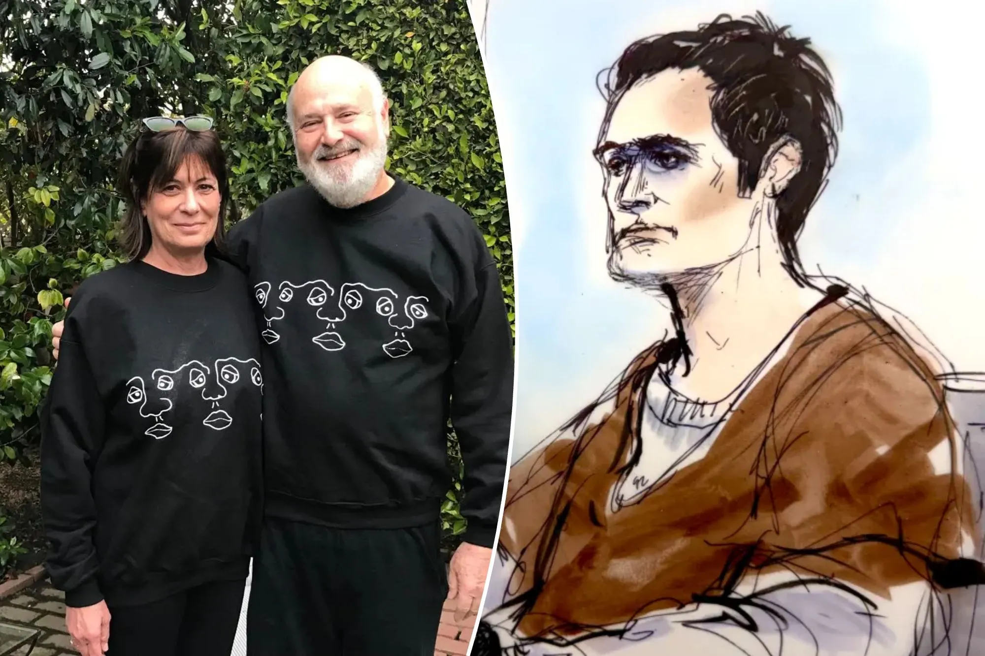 An image collage containing 2 images, Image 1 shows Michelle and Rob Reiner smiling outdoors in matching black sweaters with a white line-art design of multiple faces, Image 2 shows Illustration of Nick Reiner in court w