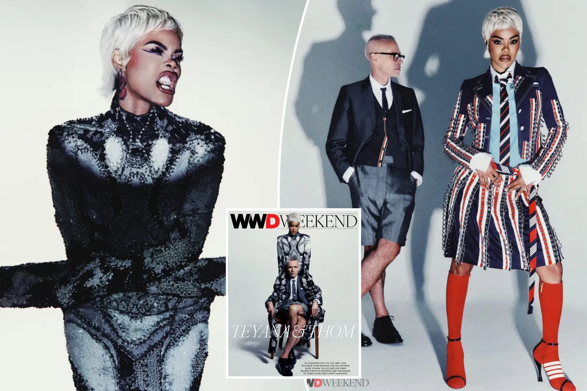 Teyana Taylor poses for WWD Weekend in a sparkling Thom Browne gown with extra-long sleeves