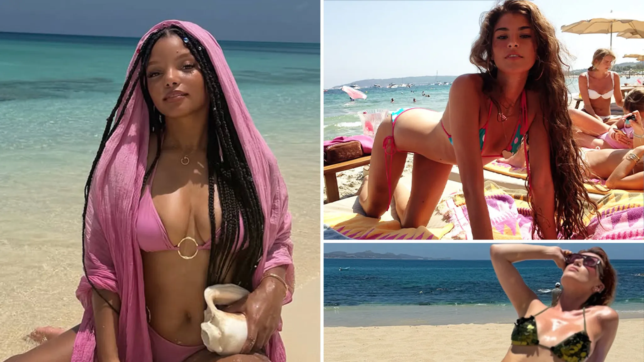 Halle Bailey and Bella Thorne posing on a sunny beach