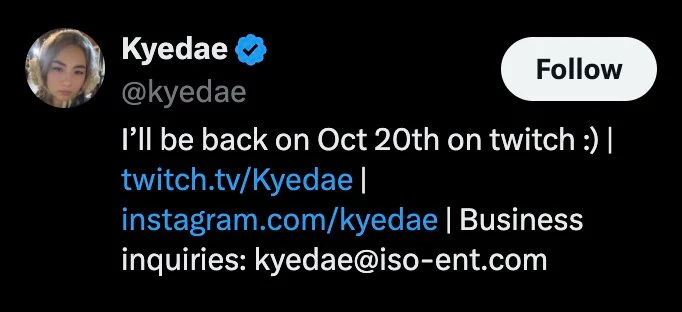 Screenshot of Kyedae social media bio on X