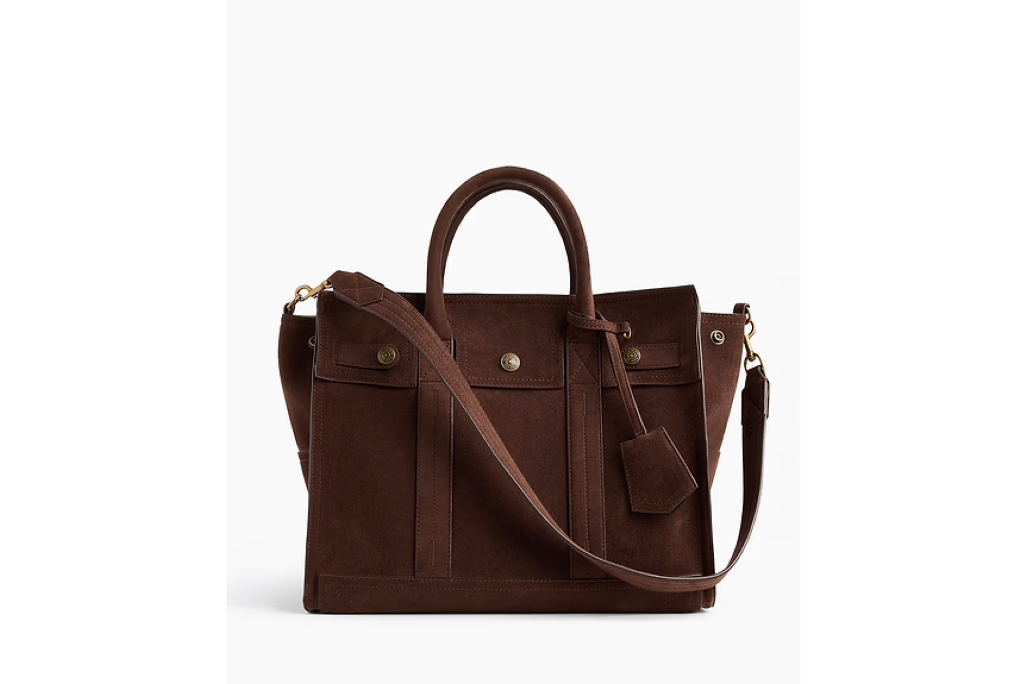 Brown suede tote bag with a top handle, adjustable shoulder strap, and front flap pockets.