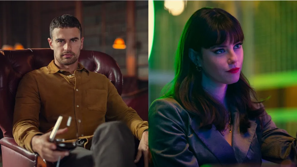 Theo James and Kaya Scodelario in a scene from Netflix's crime series The Gentlemen