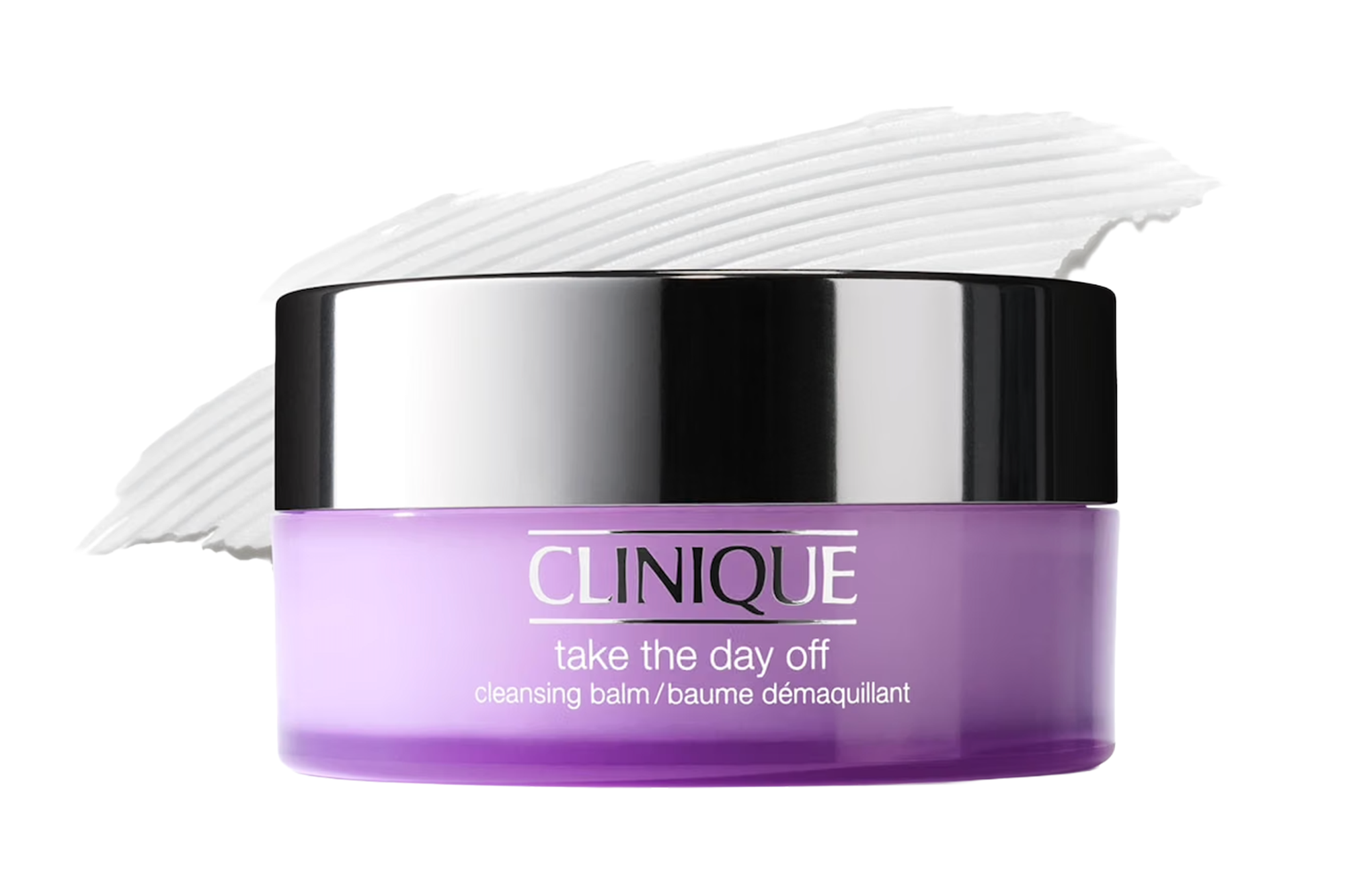 A purple Clinique "Take the Day Off" cleansing balm jar with a silver lid.
